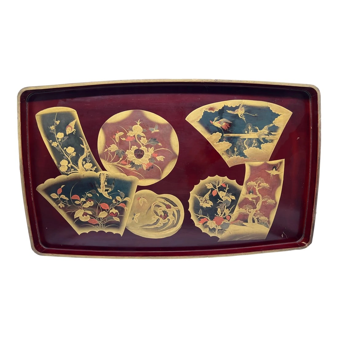 Antique Large Scale Japanese Lacquer & Gilt Decorated Tray: This exquisite large-scale antique Japanese lacquer tray showcases masterful gilt decoration against a rich lacquered ground. Its expansive surface is adorned with intricate motifs, including floral e
