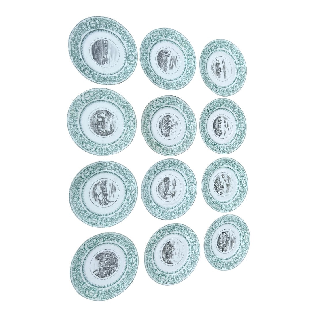 12 Pc, J Vieillard David Johnston Limoges "French Chateau" Plate Set: A fantastic set of 12 Porcelain plates measures 8.75" each. The plates feature beautiful decorated scenes to the front in Green, Black and White depicting famous chateaus in France: 1) Chateau Mouton
