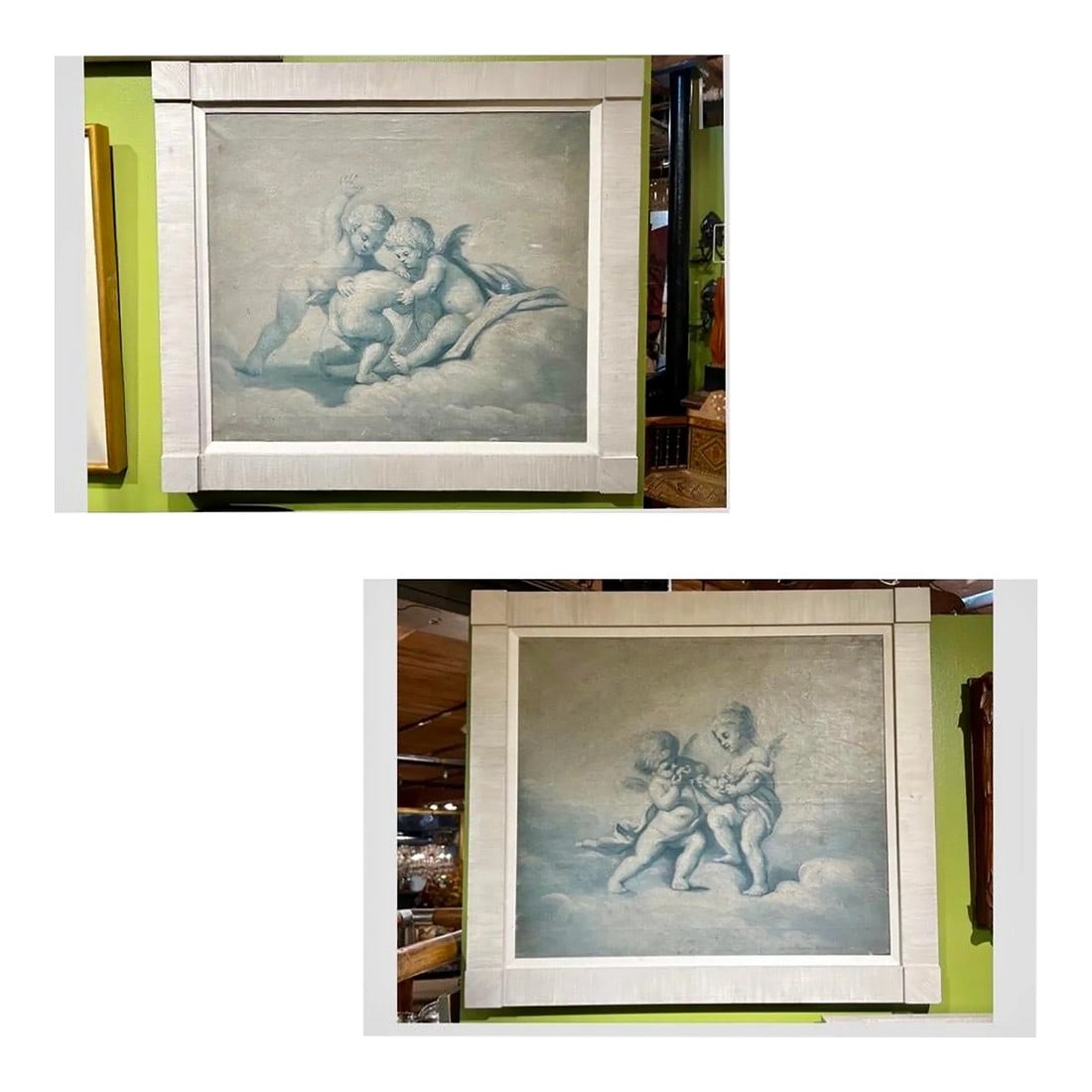 Pair, 19th Century French Putti at Play Blue & White Paintings Baroque Style: This exquisite pair of 19th-century French paintings captures playful putti, or cherubic children, rendered in a Baroque-inspired style. These charming artworks, executed in delicate shades of blue