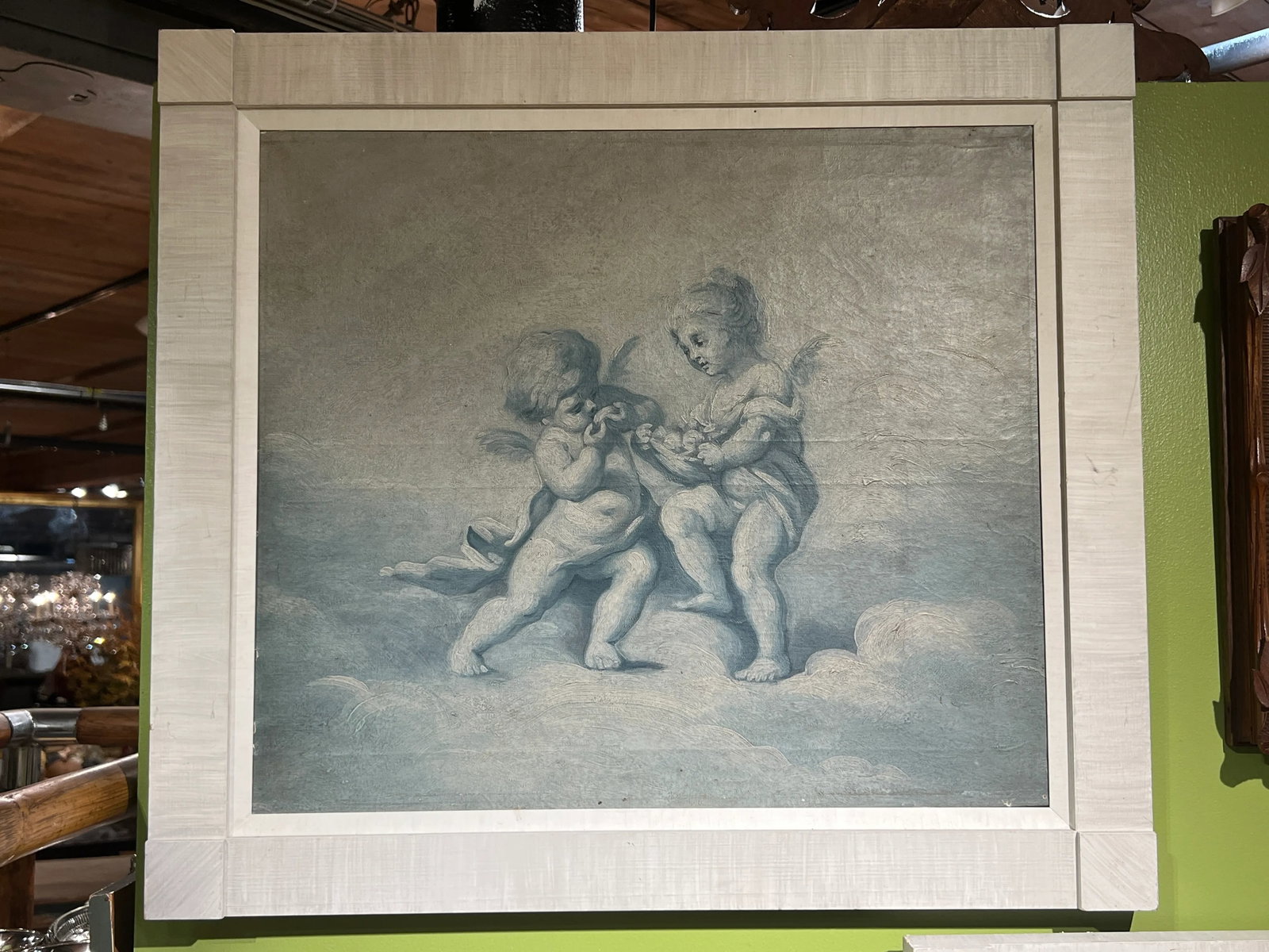 Pair, 19th Century French Putti at Play Blue & White Paintings Baroque Style - 4
