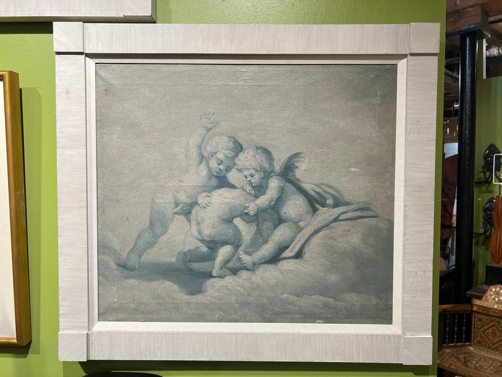 Pair, 19th Century French Putti at Play Blue & White Paintings Baroque Style - 7
