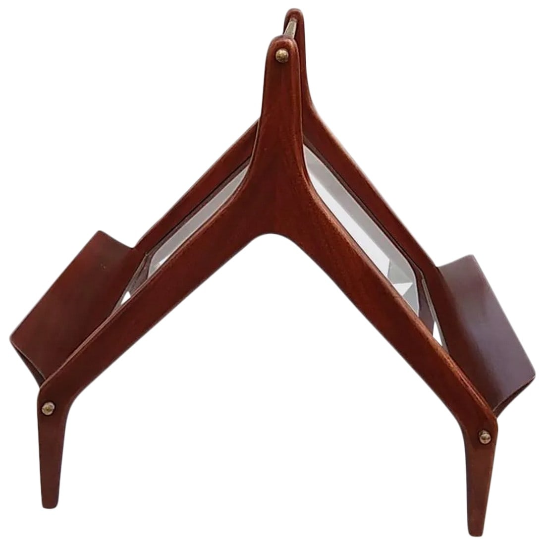1960s Italian Mahogany and Glass Magazine Rack: 1960s Italian mahogany and glass magazine rack, with brass handle and accents. Recently refinished, this piece disassembles for shipping. Condition: Alterations: Original Condition Unaltered