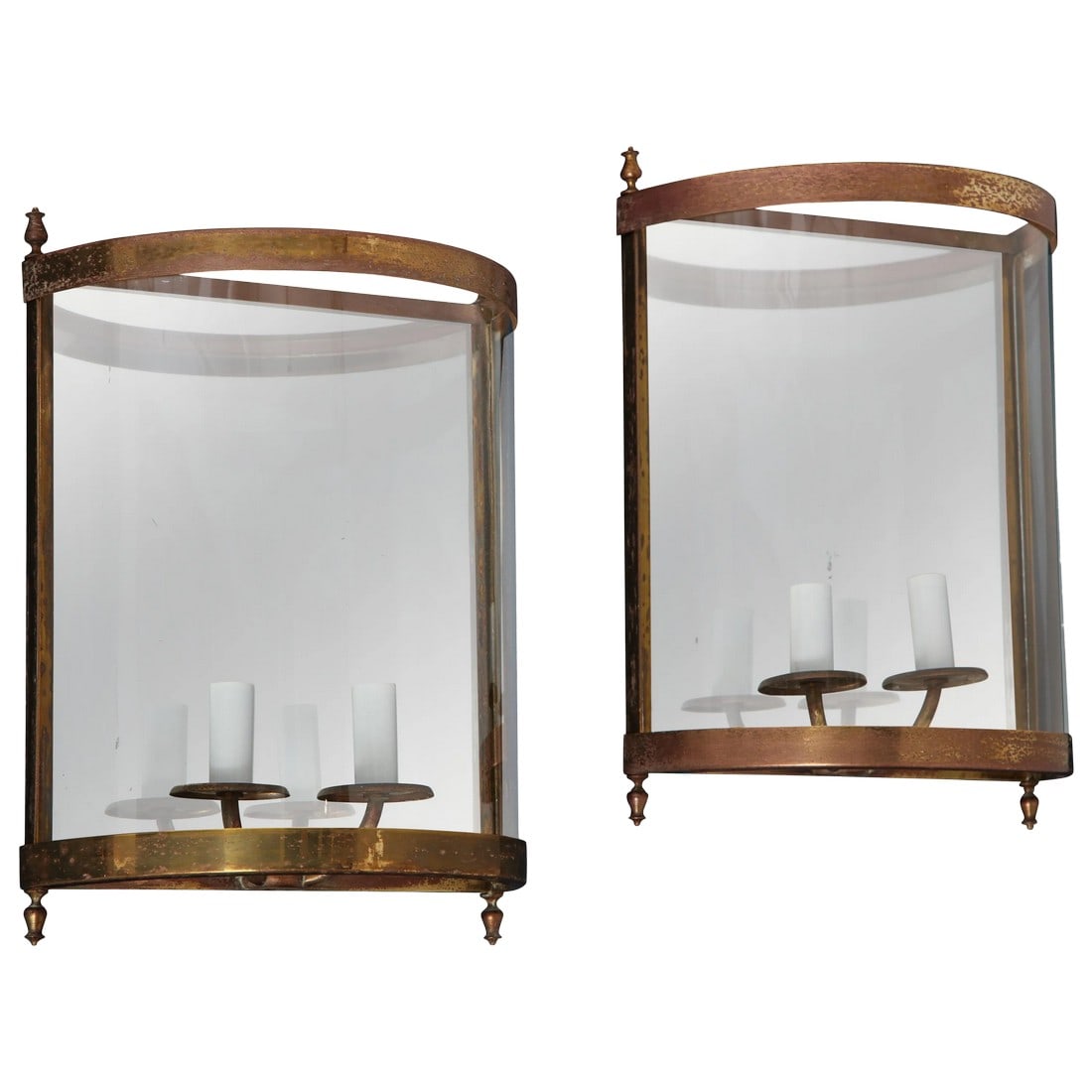 Brass Mirror and Glass Neoclassical Sconces, France, 1960s - a Pair: Patinated brass Surface scruffs Original European bulb sockets Half pipe glass. Condition: Alterations: Original Condition Unaltered Imperfections: Some Imperfections Condition Notes: Would need to
