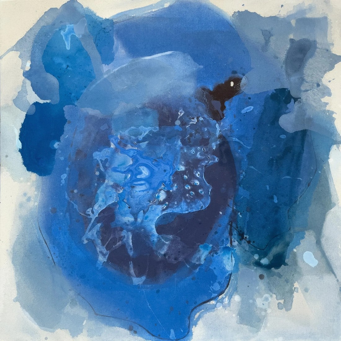 Fool That I Am Blue Gestural Abstract Painting: Acrylic, ink, enamel, sand, and texture on raw canvas with gallery-wrapped edges (also looks great in float framing). This gestural, layered stain painting features captivating shades of cerulean, ind