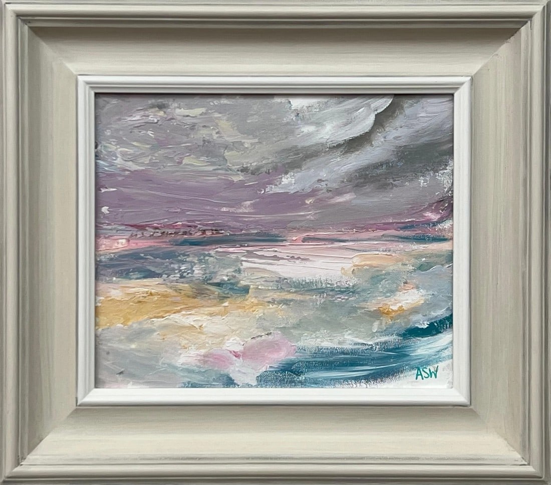 Ethereal Horizon - Dreamlike Abstract Sea Landscape Art by Contemporary Artist, 2024, Framed: Ethereal Horizon - Dreamlike Abstract Sea Landscape Art by Contemporary British Artist, Angela Wakefield. Art measures 12 x 10 inches Frame measure 18 x 16 inches "Ethereal Horizon." This title reflec