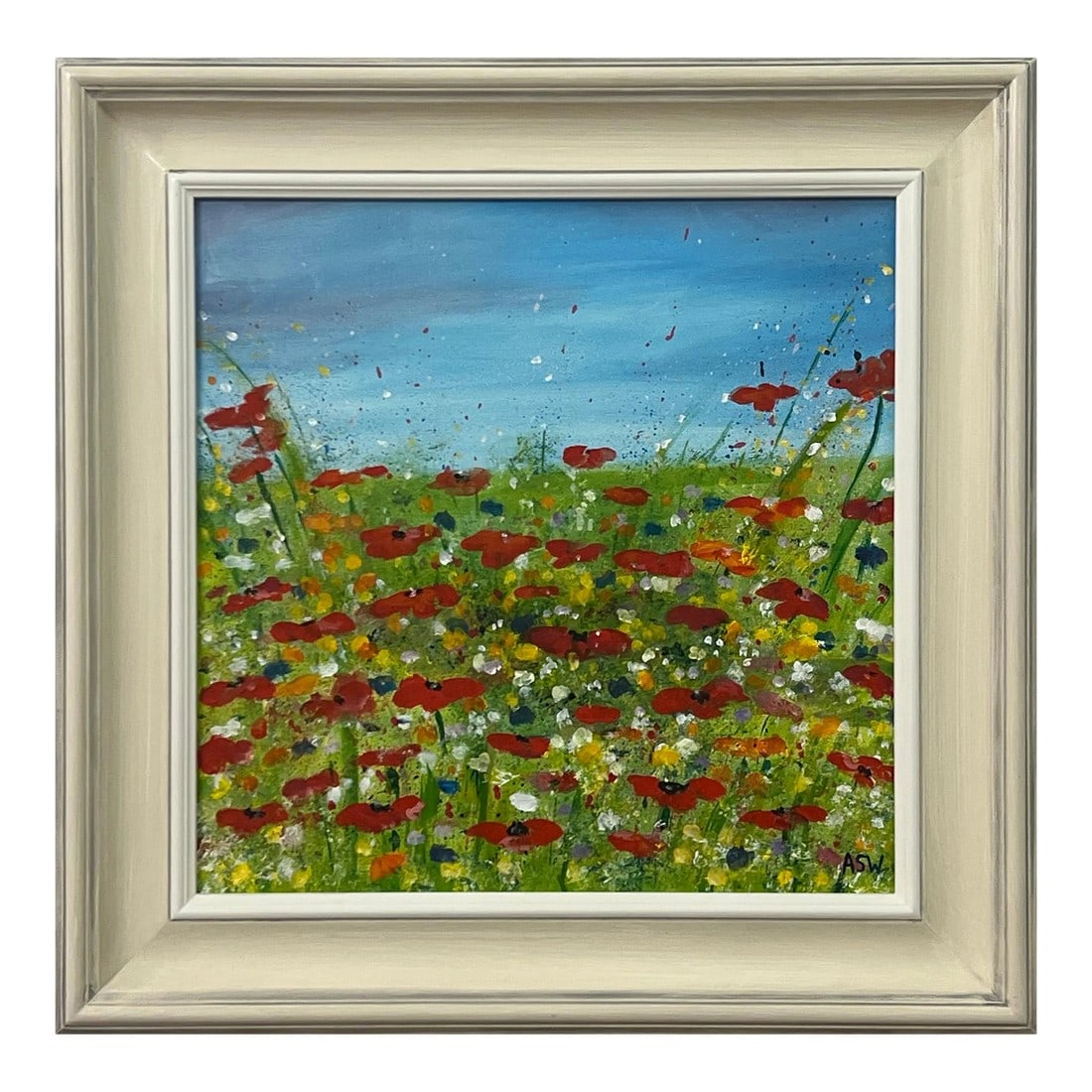 Red Poppy Flowers in a Wild Green Meadow With a Blue Sky by Contemporary Artist (1 of 12)