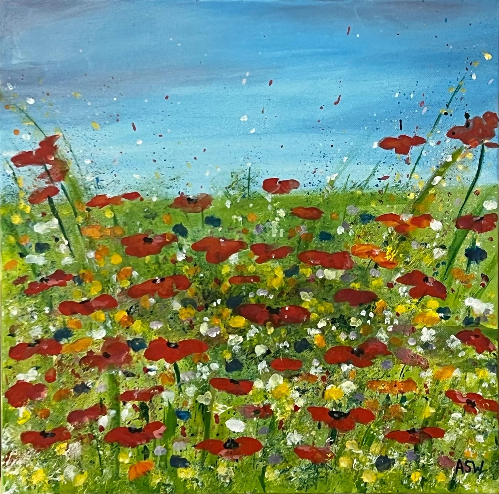Red Poppy Flowers in a Wild Green Meadow With a Blue Sky by Contemporary Artist - 7