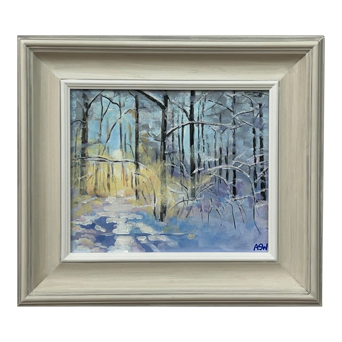 Impressionistic Winter Snow Landscape Painting of Forest in Zurich Switzerland: Impressionistic Winter Snow Landscape Painting of Forest in Zurich Switzerland by Leading Contemporary British Artist, Angela Wakefield. Art measures 12 x 10 inches Frame measures 18 x 16 inches