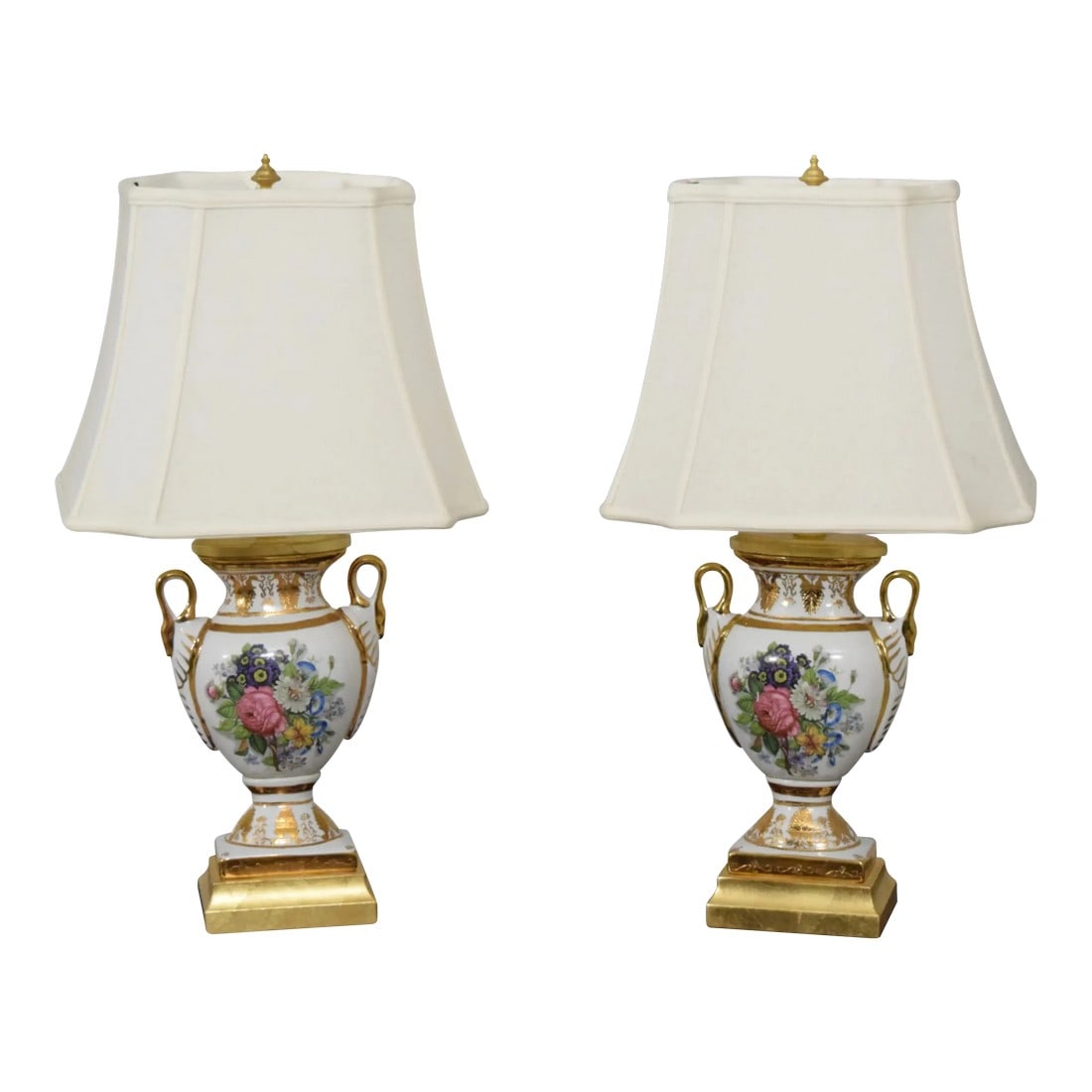 Pair Frederick Cooper Floral Regency Urn Table Lamps: Age: Approx: 20 Years Old Details: Stunning Floral Painted Details Quality Construction Regency Style Nice Gold Details Gold Leaf Base Offered @ Fraction Original Retail Cost Condition: Excellent Clea