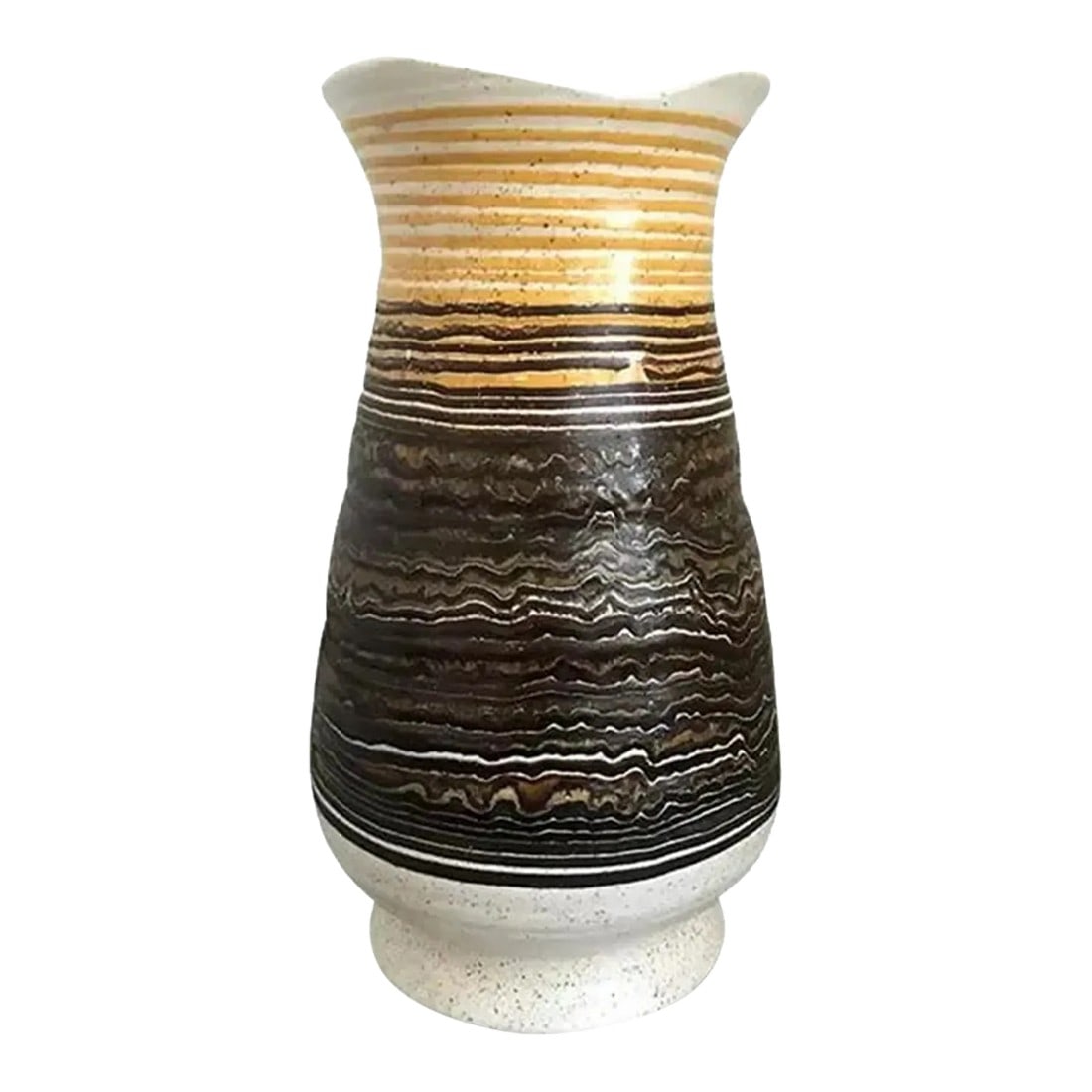 1970s Mid Century Modern Brown and Yellow Haeger Pottery Vase: This bold 1970s Haeger pottery vase features a striking combination of brown, white, and yellow color banding, embodying a distinct Mid Century Modern aesthetic. Its unique design is perfect for