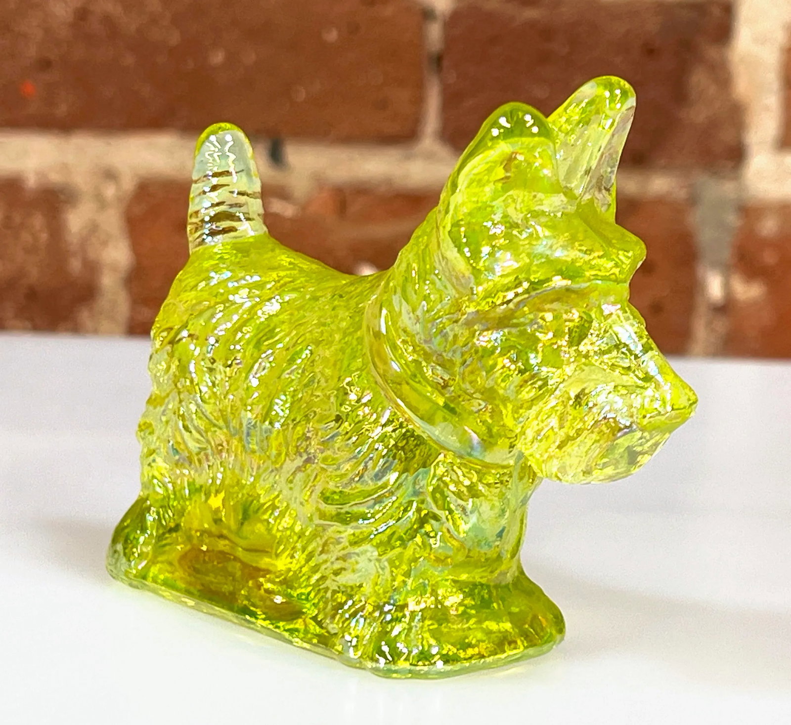 Rare 1930's Yellow Vaseline / Uranium Glass Scottie Dog Paperweight - 2