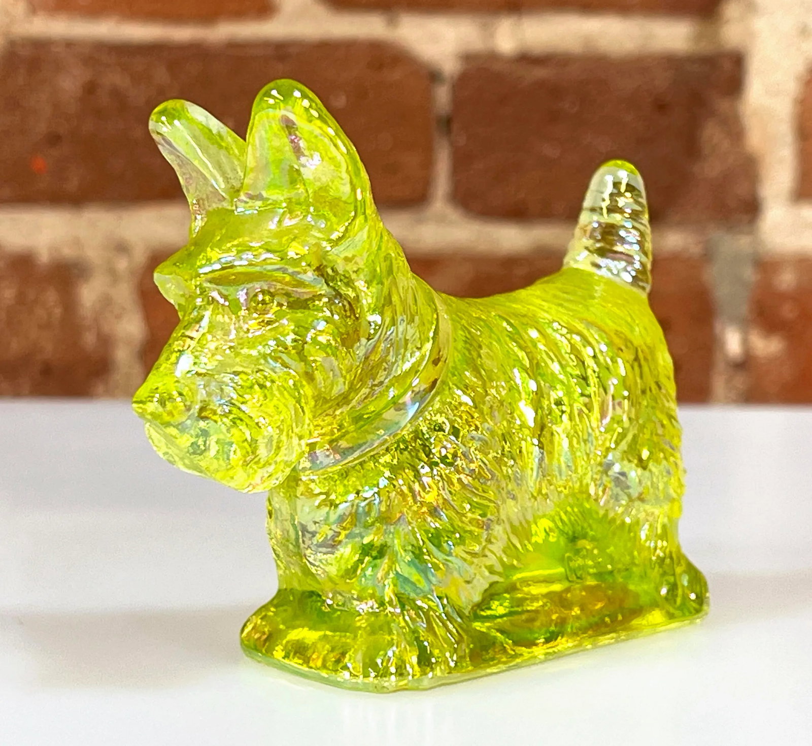 Rare 1930's Yellow Vaseline / Uranium Glass Scottie Dog Paperweight - 5