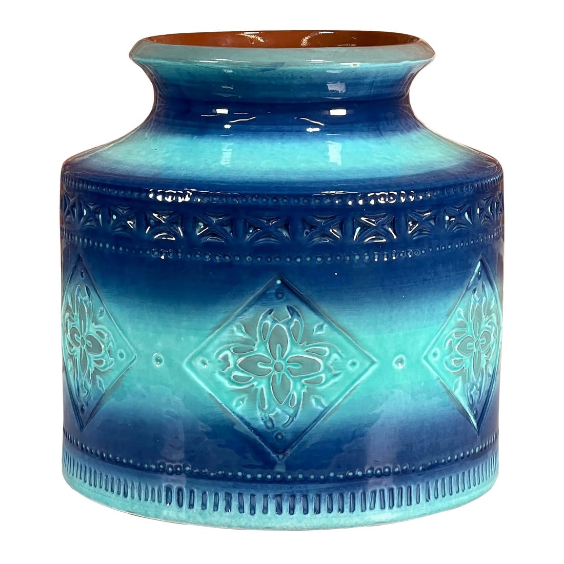 Vintage Italian Modern Bitossi Art Pottery Blue & Turquoise Large Vase: Fabulous vintage c.1960's/70's rimini blue and turquoise art pottery vase by Bitossi! It has a great decor as you can see, with a lovely color range and hand feel. It measures 7 1/4" in diameter and