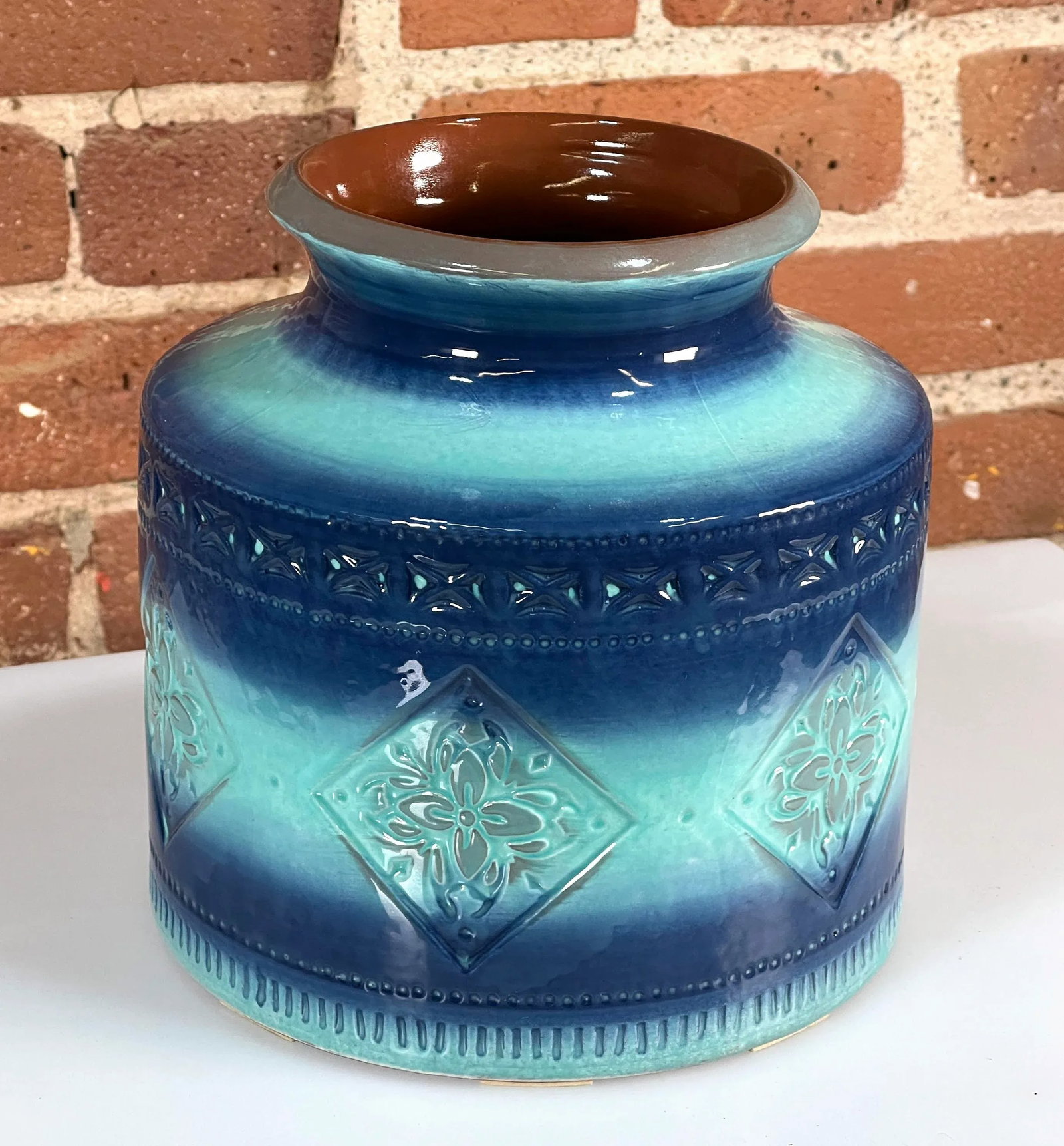 Vintage Italian Modern Bitossi Art Pottery Blue & Turquoise Large Vase - 4