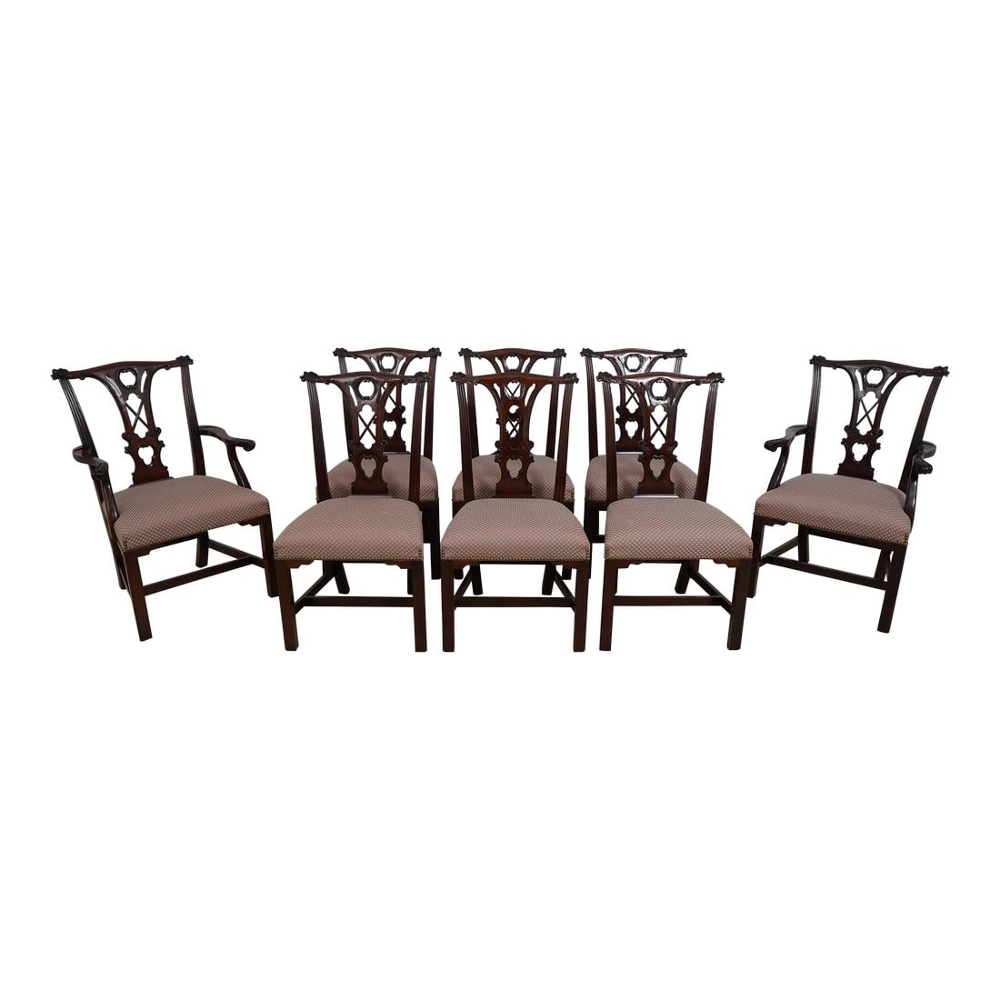 Set of 8 Kindel Irish Georgian Mahogany Dining Room Chairs: Age: C.1988 Details: Irish Georgian Fine Carved Details High Quality Construction Chippendale Style Traditional Style Tack Head Trim Irish Georgian Design Overall Well Cared For Original Finish w. Min