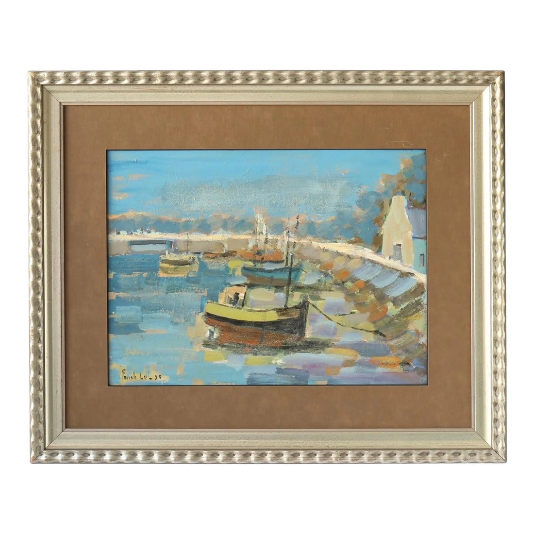 Signed French Seascape Painting: A serene depiction of a quiet French harbor, featuring moored boats resting on calm waters with soft, impressionistic brushwork. This oil on board painting captures the gentle charm of coastal life,