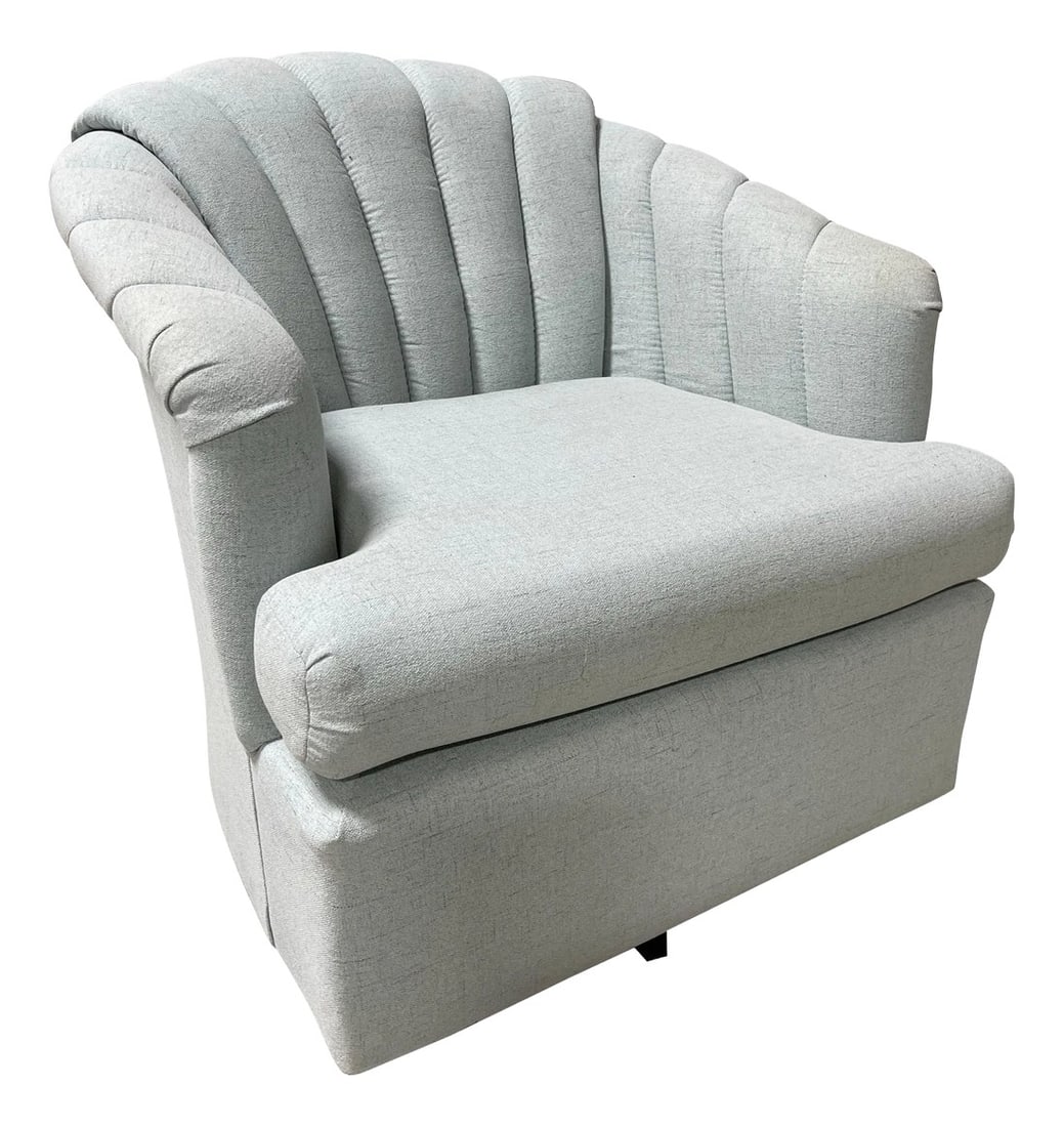 Pair of Light Blue Shade Swivel Club Chairs with a Fan Back Design, 21st Century: Pair of Light Blue Shade Swivel Club Chairs with a Fan Back Design, 21st Century Condition: Alterations: Unknown Imperfections: Some Imperfections Condition Notes: Good Wear consistent with age and