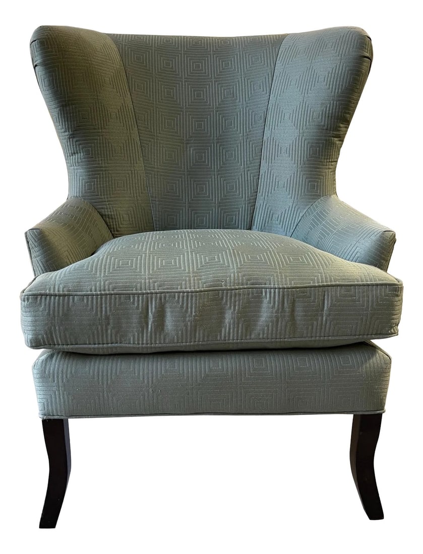 Wing Back Style Chair in an Aqua Color Fabric, 21st Century: Wing Back Style Chair in an Aqua Color Fabric, 21st Century Condition: Alterations: Unknown Imperfections: Some Imperfections Condition Notes: Good Wear consistent with age and use Dimensions: