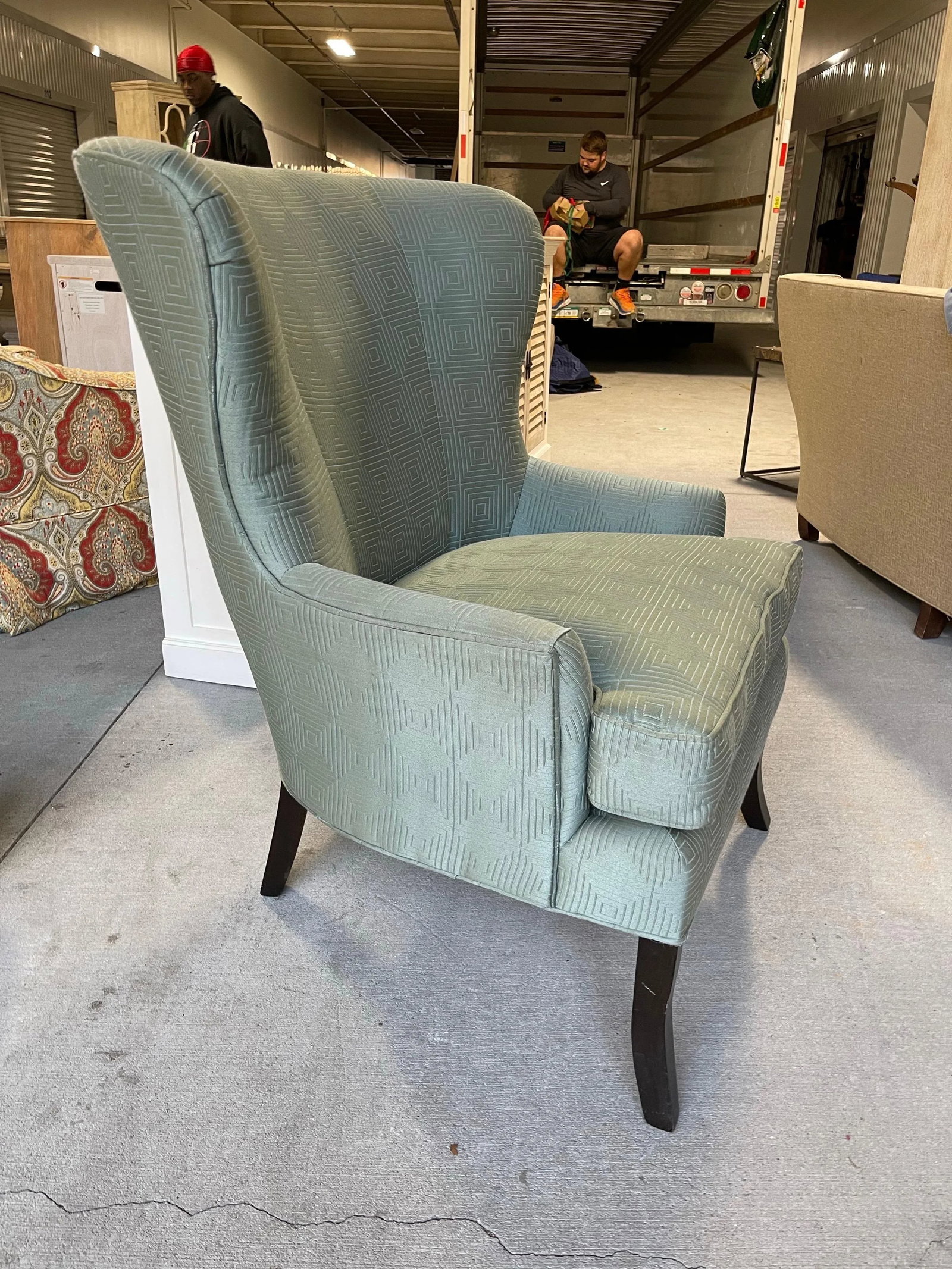 Wing Back Style Chair in an Aqua Color Fabric, 21st Century - 2