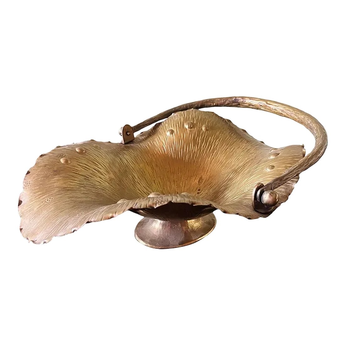 Mid-Century Modern Italian Organic Brass Basket With Handle: This vintage brass basket features a sculptural, organic shape with etched textural details and a gracefully curved handle. Its dynamic form and warm patina make it a versatile decorative piece,