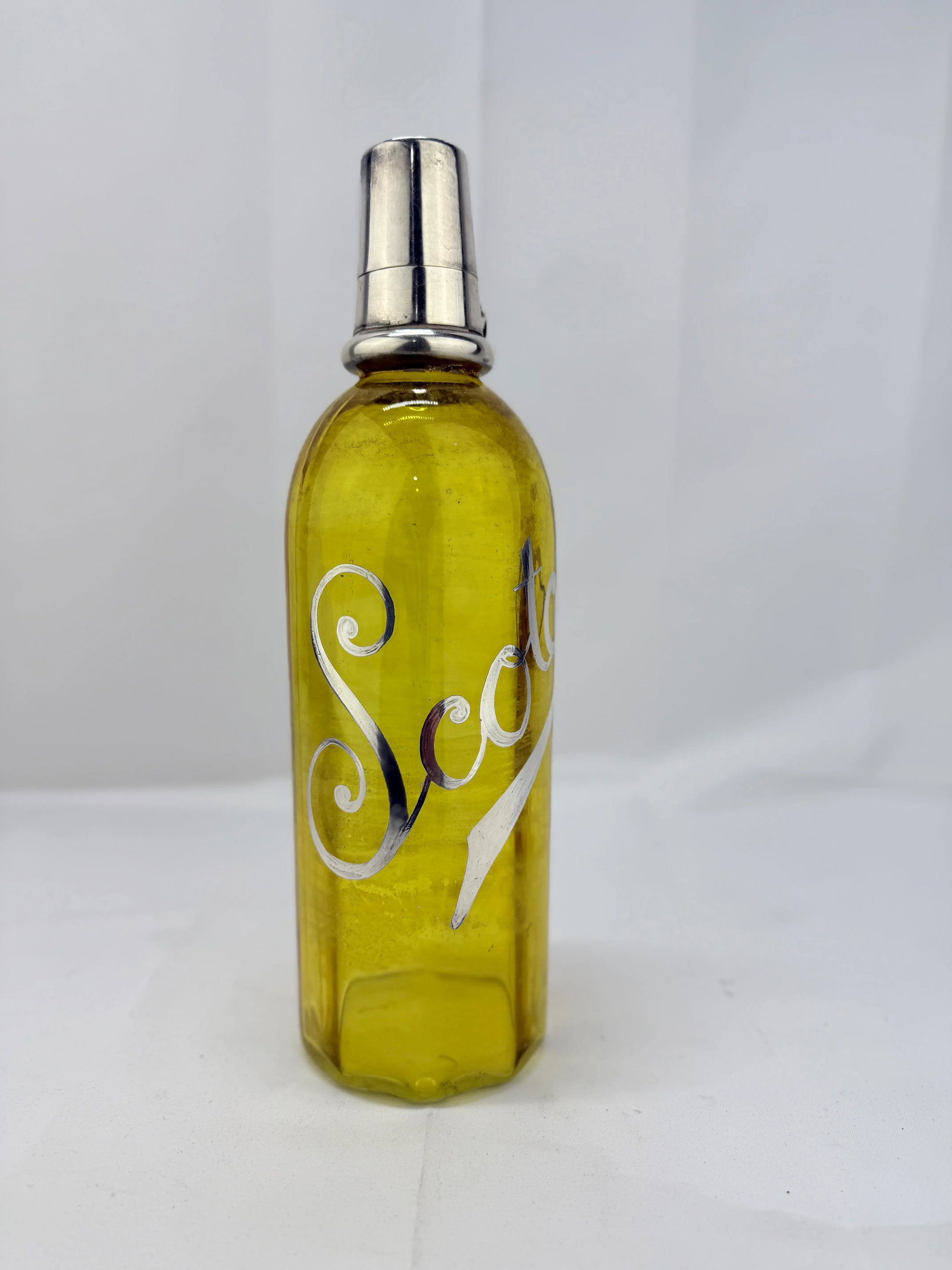 Antique Silver Overlay "Scotch" Bottle W/ Locking Mechanism & Shot Glass - 2