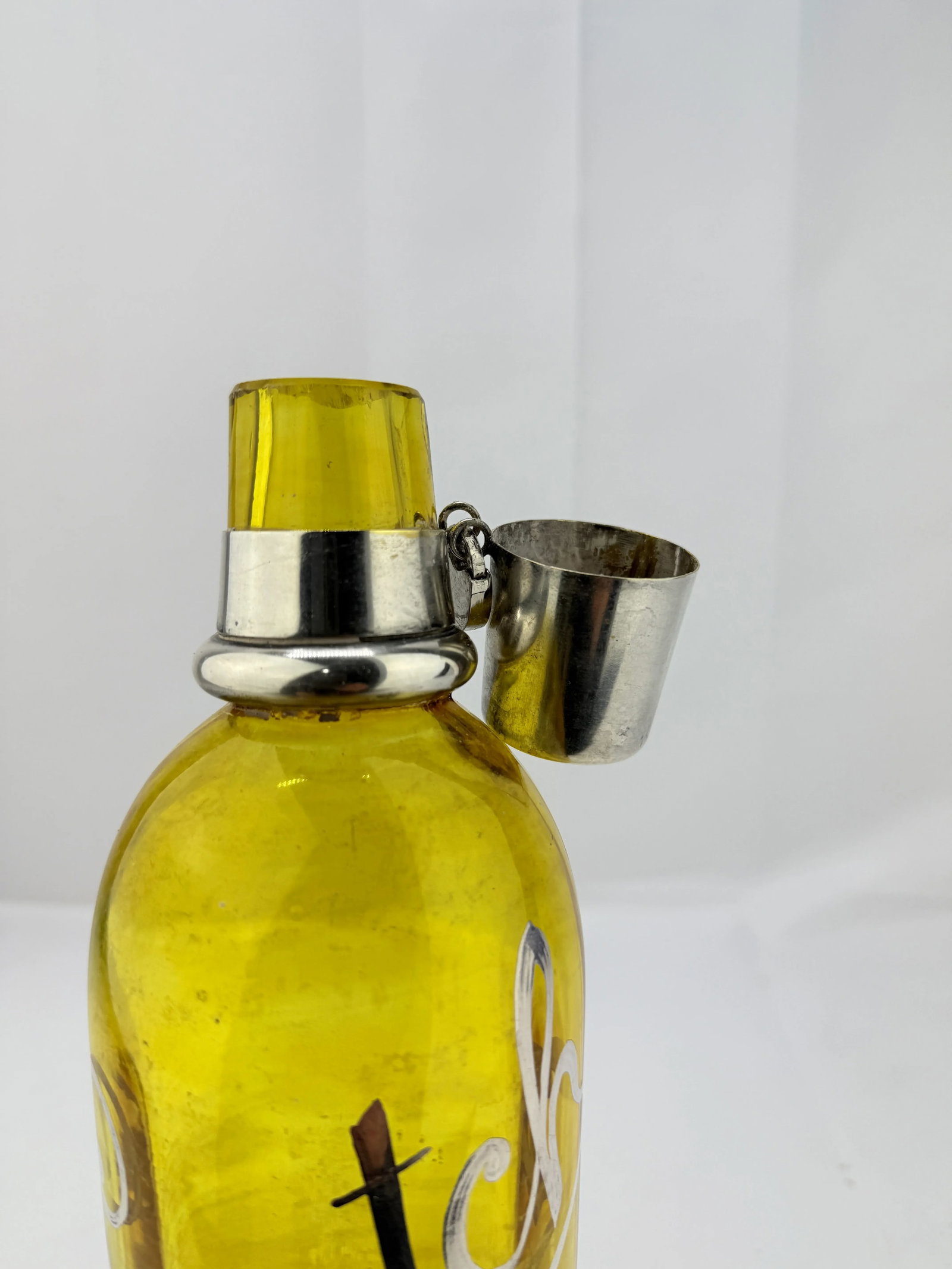 Antique Silver Overlay "Scotch" Bottle W/ Locking Mechanism & Shot Glass - 5