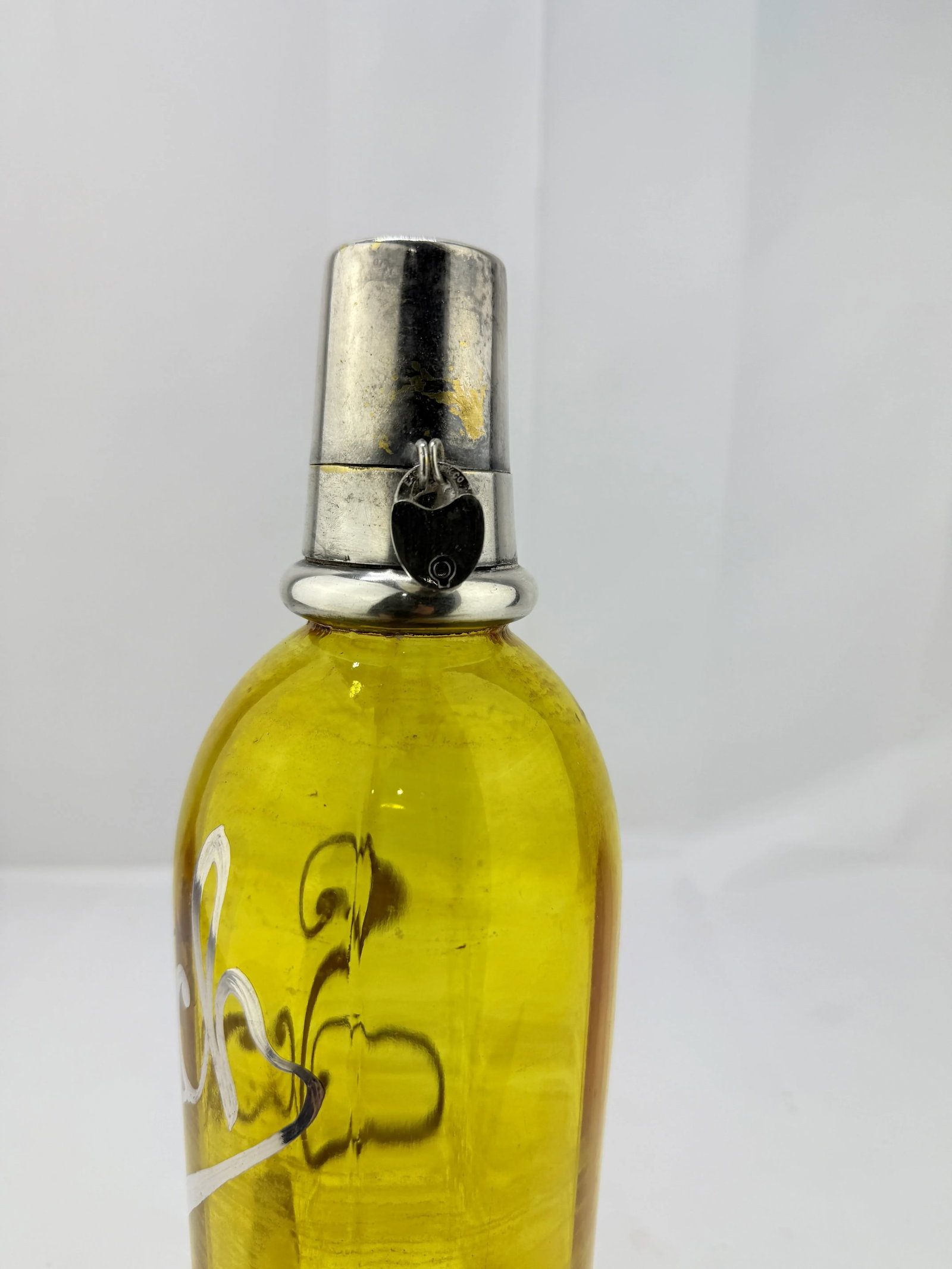 Antique Silver Overlay "Scotch" Bottle W/ Locking Mechanism & Shot Glass - 6