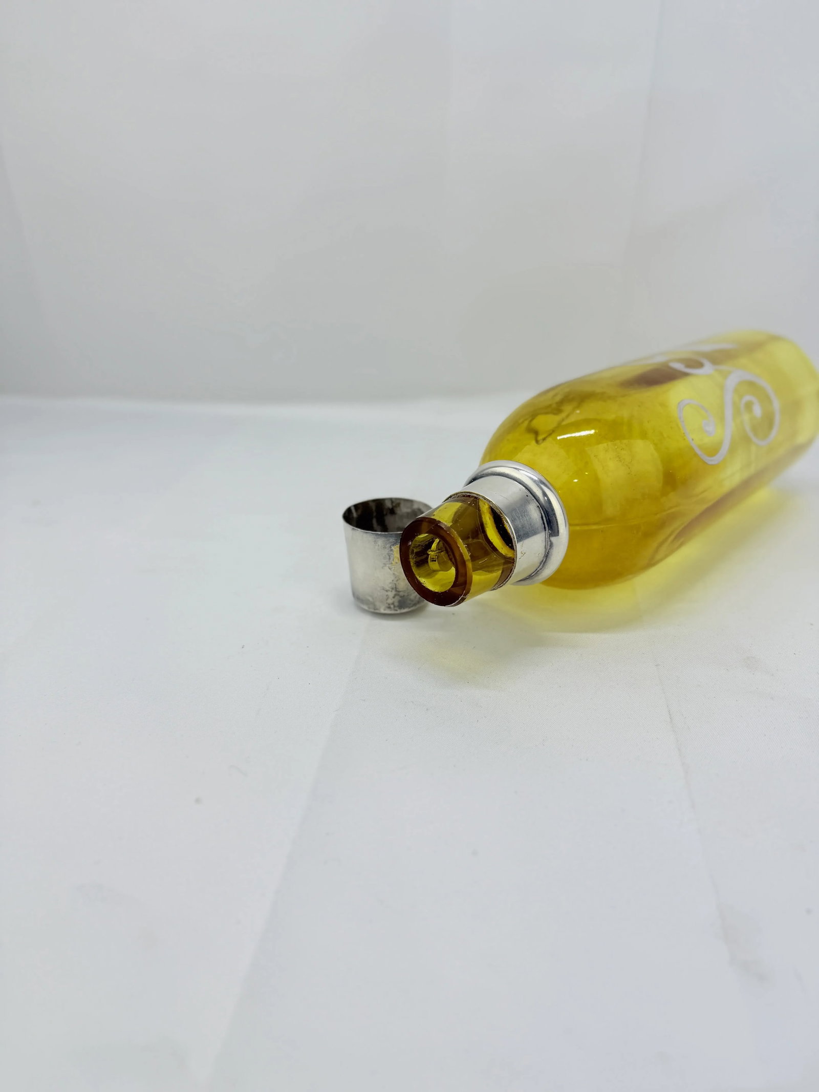 Antique Silver Overlay "Scotch" Bottle W/ Locking Mechanism & Shot Glass - 7