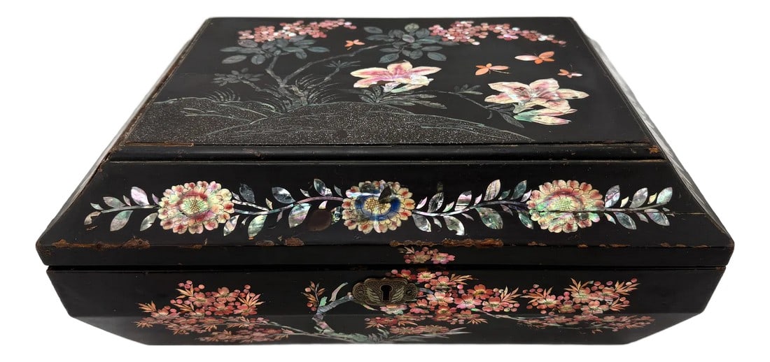 19th Century Chinese Export Black Lacquer & Mother of Pearl Sewing Box (1 of 10)