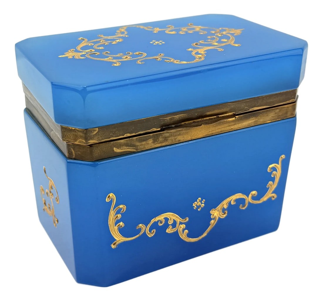 19th Century, Bohemian Barfatan or French Blue Opaline & Gilt Enameled Glass Box: This exquisite 19th-century glass box represents the pinnacle of decorative glasswork, either originating from the Bohemian Barfatan tradition or crafted from French blue opaline glass. The box's