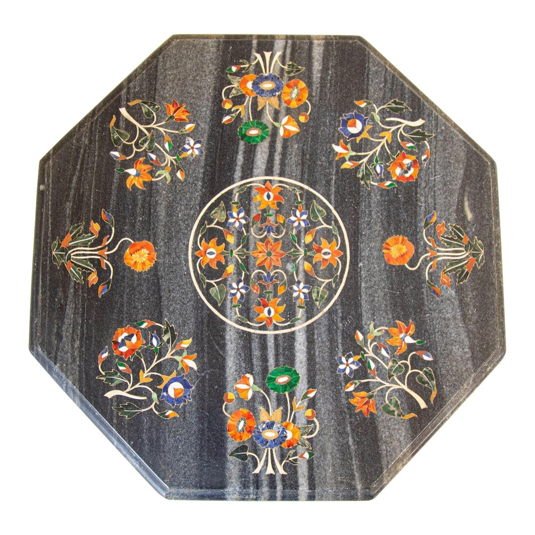 Mughal Rajasthani Black Marble Inlay Pietra Dura Table Top India: Mughal Rajasthani Black Marble Inlay Pietra Dura Table Top India. This is an exceptional handcrafted Mughal Rajasthani black marble Pietra Dura inlay table top, featuring the same intricate craftsmans