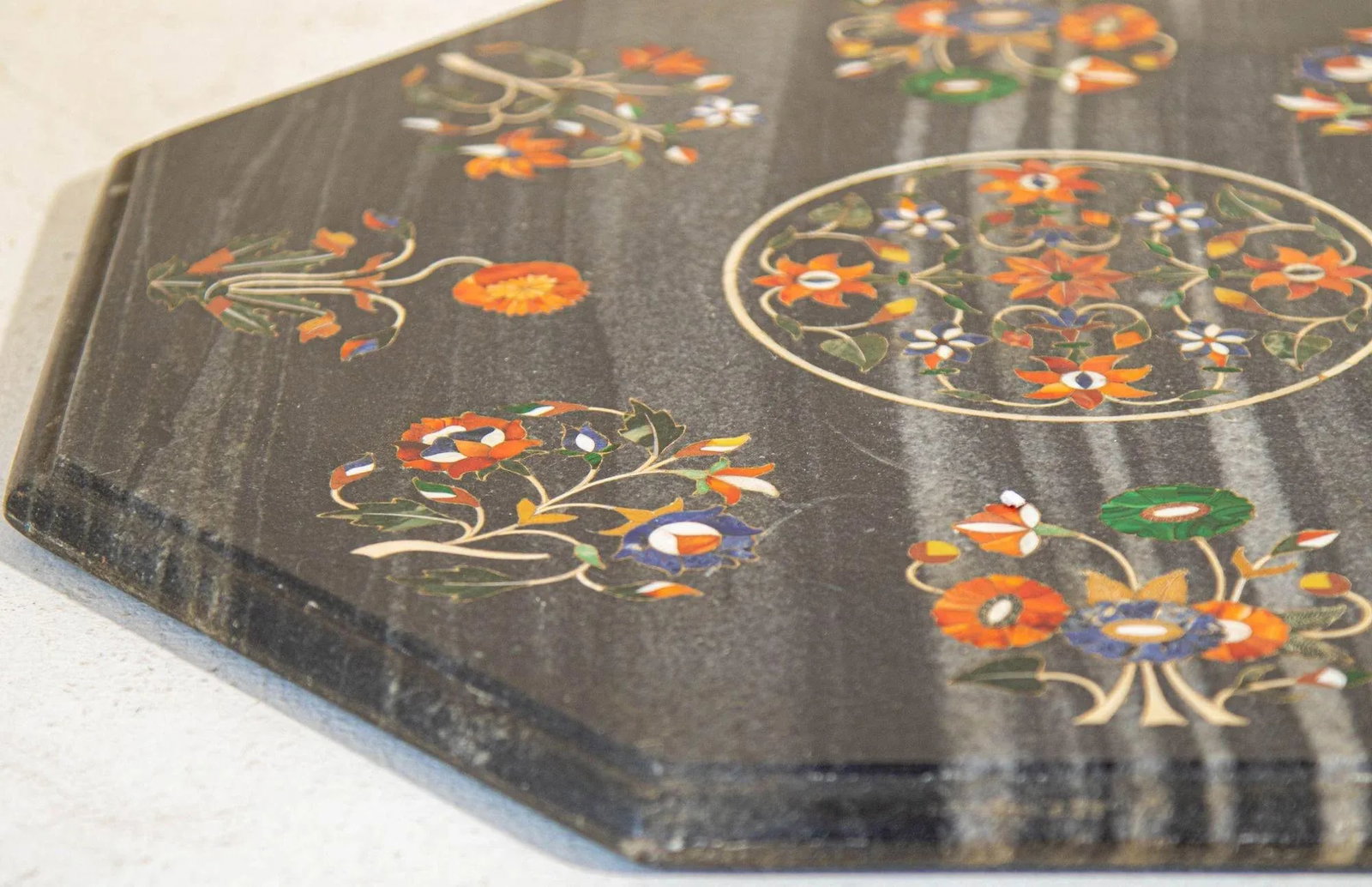 Mughal Rajasthani Black Marble Inlay Pietra Dura Table Top India - 3