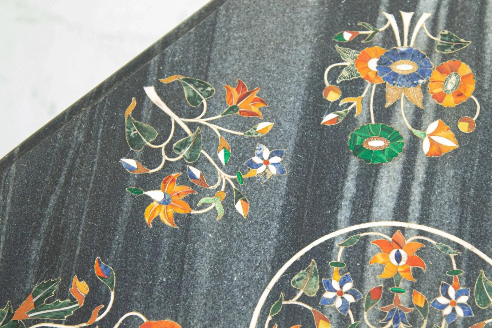 Mughal Rajasthani Black Marble Inlay Pietra Dura Table Top India - 8