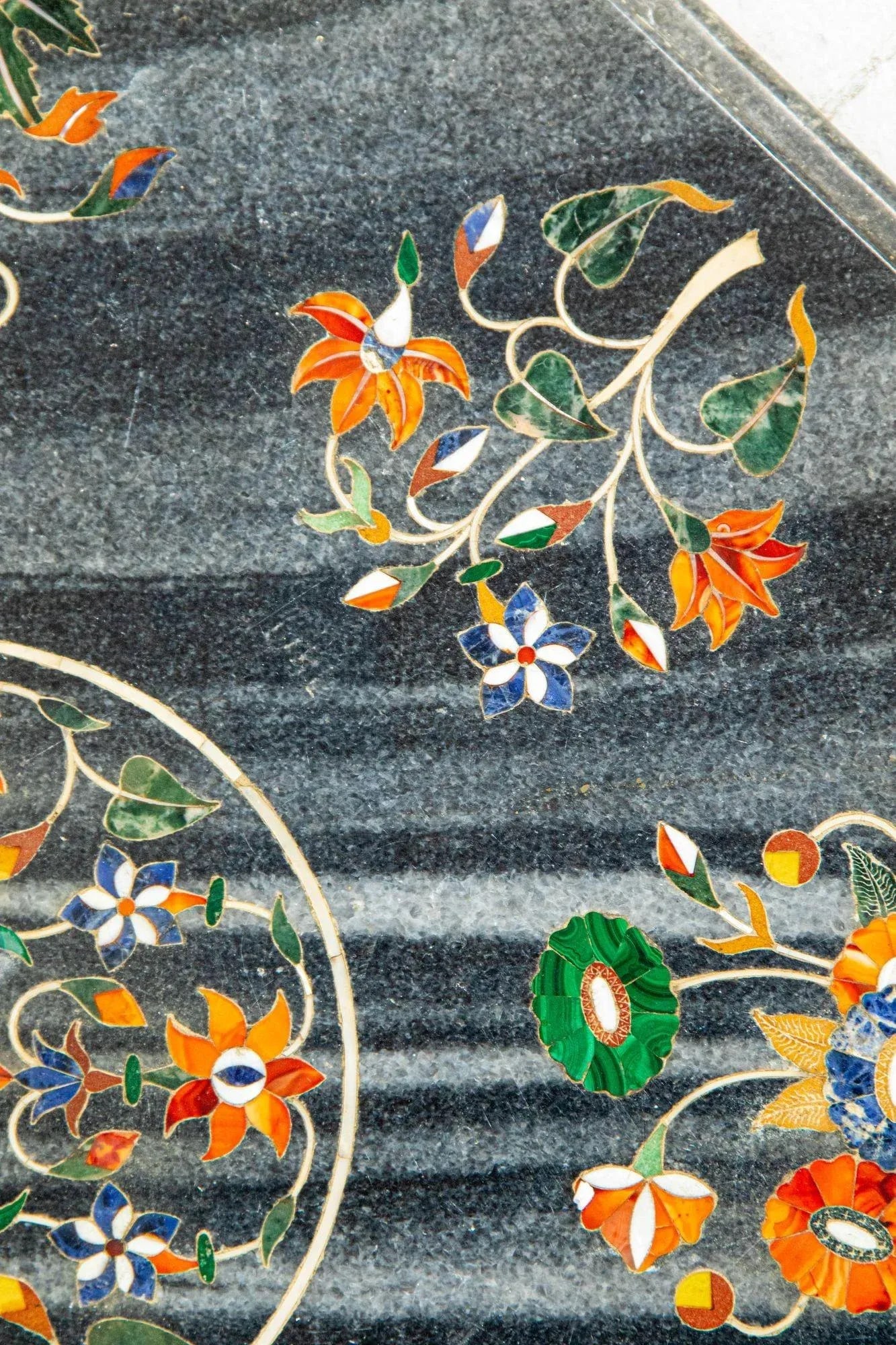 Mughal Rajasthani Black Marble Inlay Pietra Dura Table Top India - 9