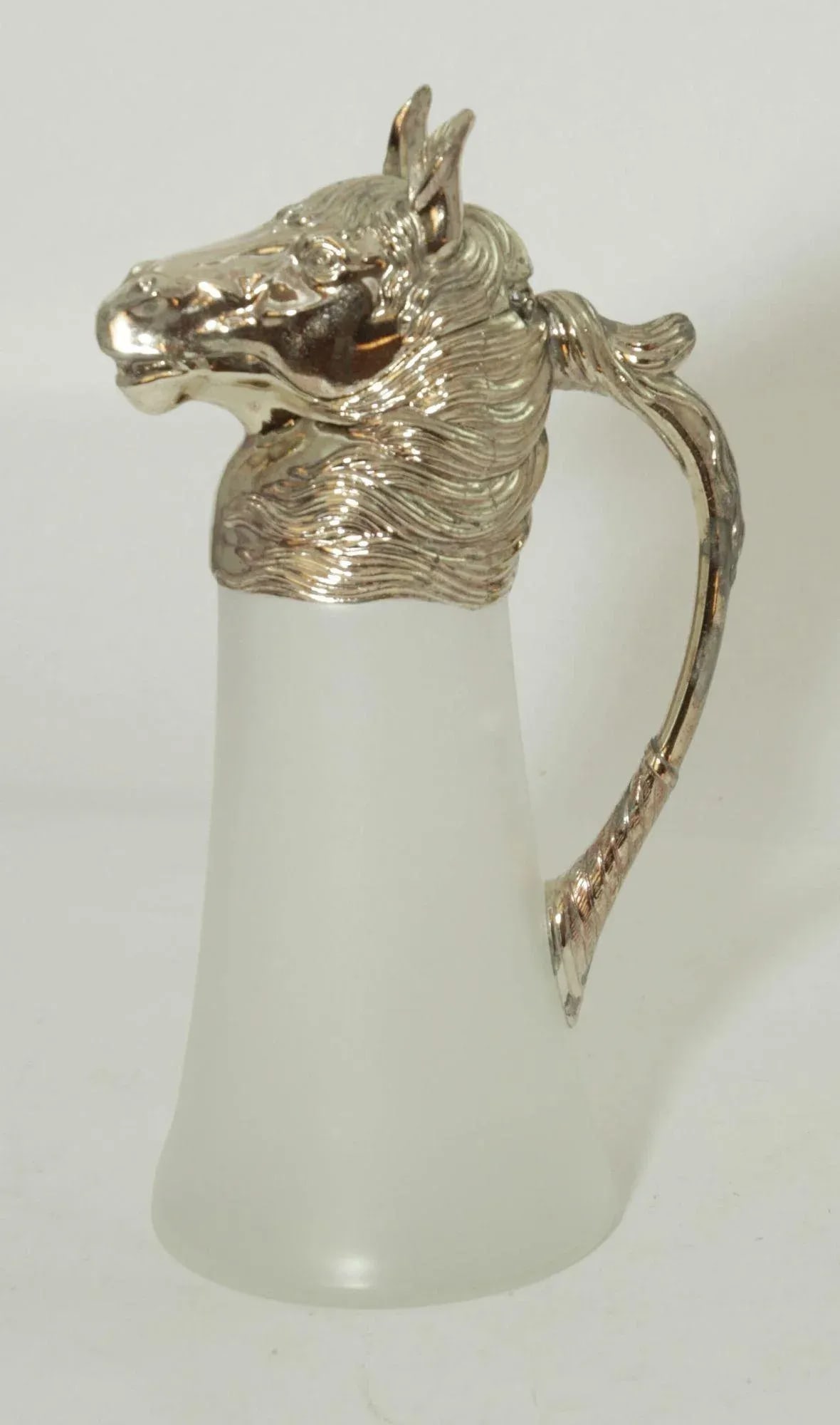 Equestrian Silver Plate Nickel Horse Head and Frosted Glass Decanter Pitcher - 10