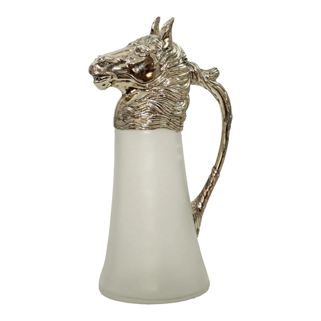 Equestrian Silver Plate Nickel Horse Head and Frosted Glass Decanter Pitcher: Equestrian Silver Plate Nickel Horse Head and Frosted Glass Decanter Pitcher. Vintage 1970s nickel silver plated horse head pitcher that opens by pulling back on the ears. The horse head and mane is m