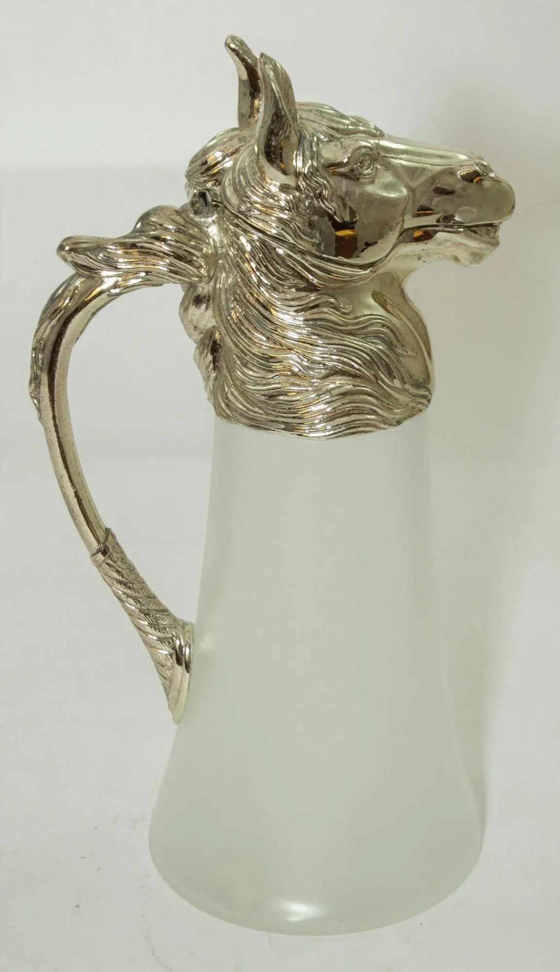 Equestrian Silver Plate Nickel Horse Head and Frosted Glass Decanter Pitcher - 2