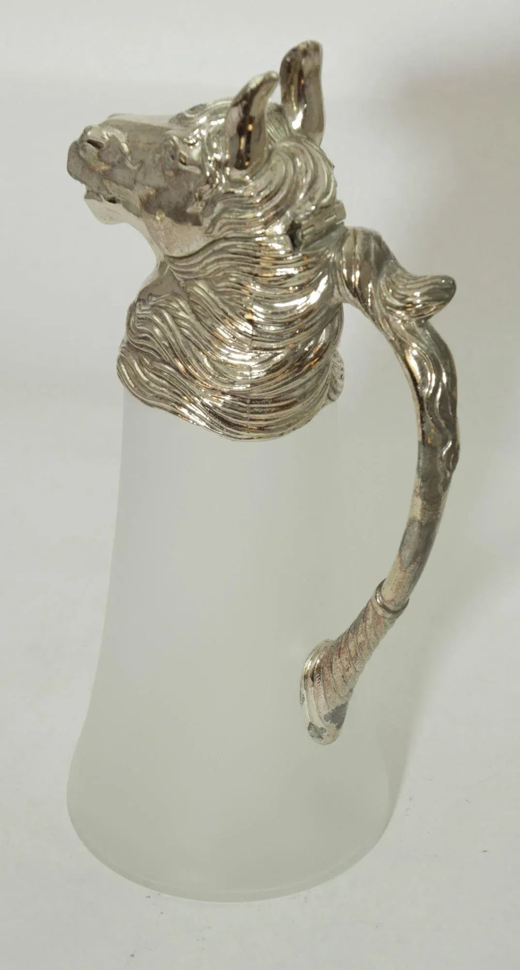 Equestrian Silver Plate Nickel Horse Head and Frosted Glass Decanter Pitcher - 3