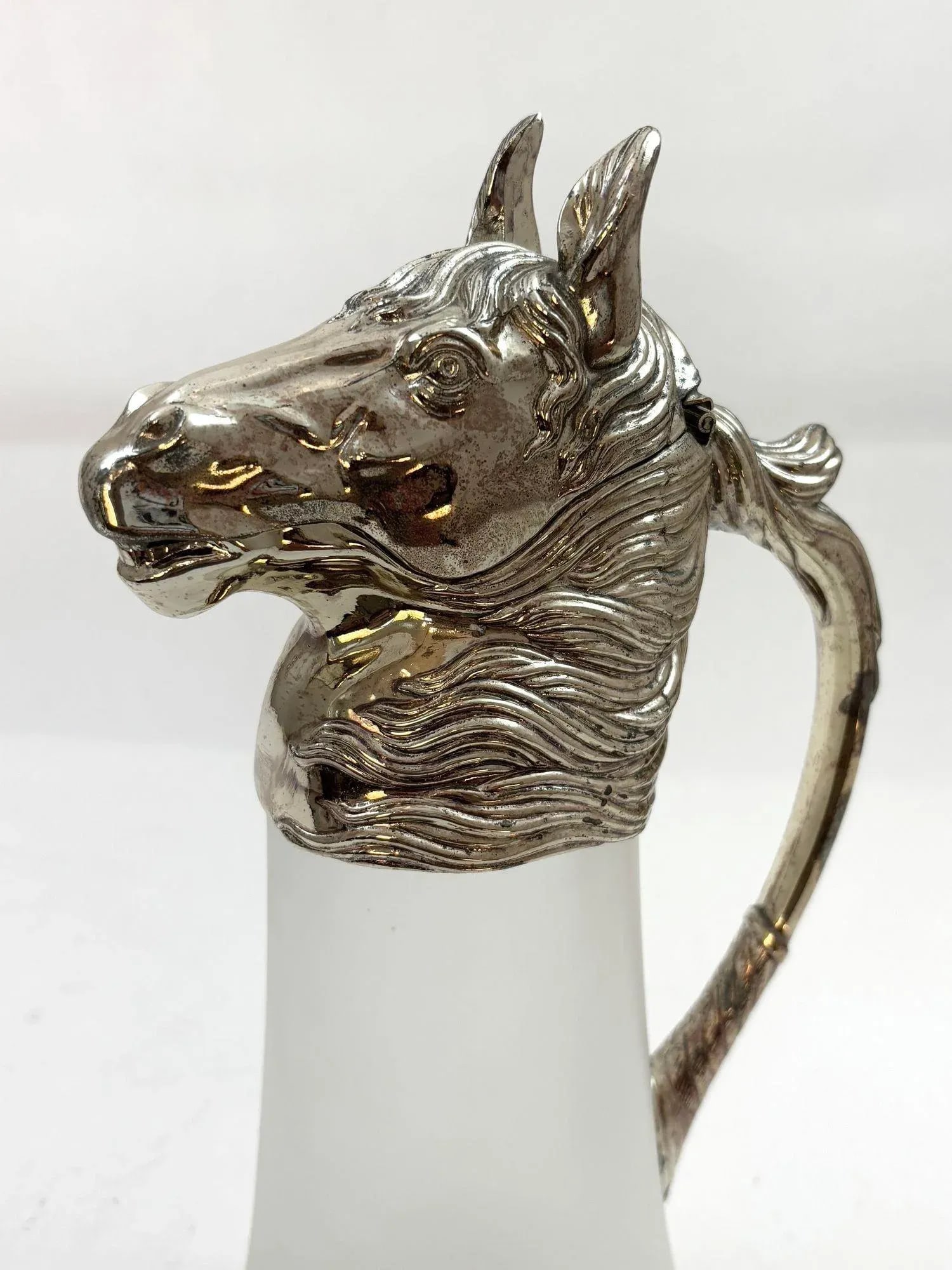 Equestrian Silver Plate Nickel Horse Head and Frosted Glass Decanter Pitcher - 5