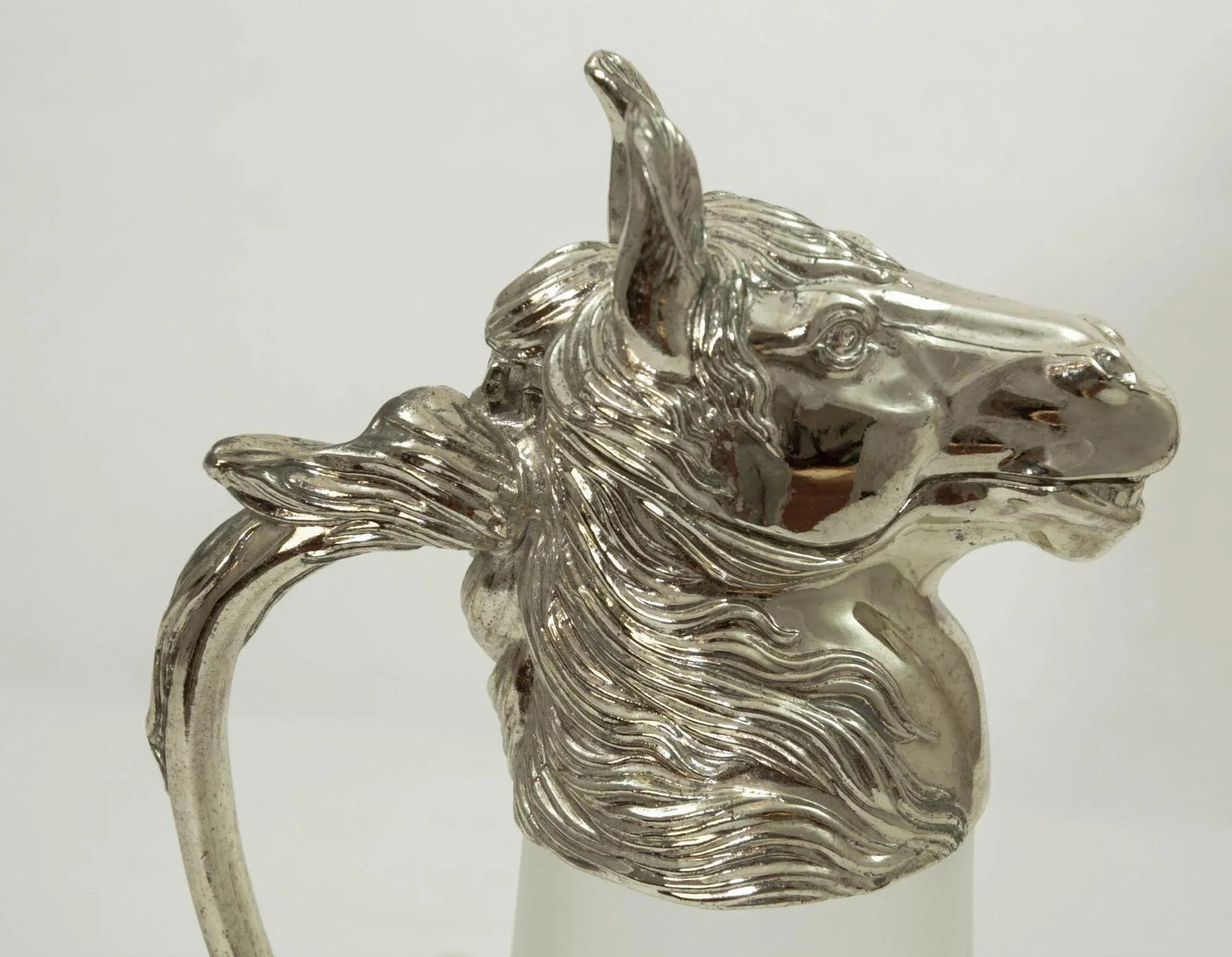 Equestrian Silver Plate Nickel Horse Head and Frosted Glass Decanter Pitcher - 6