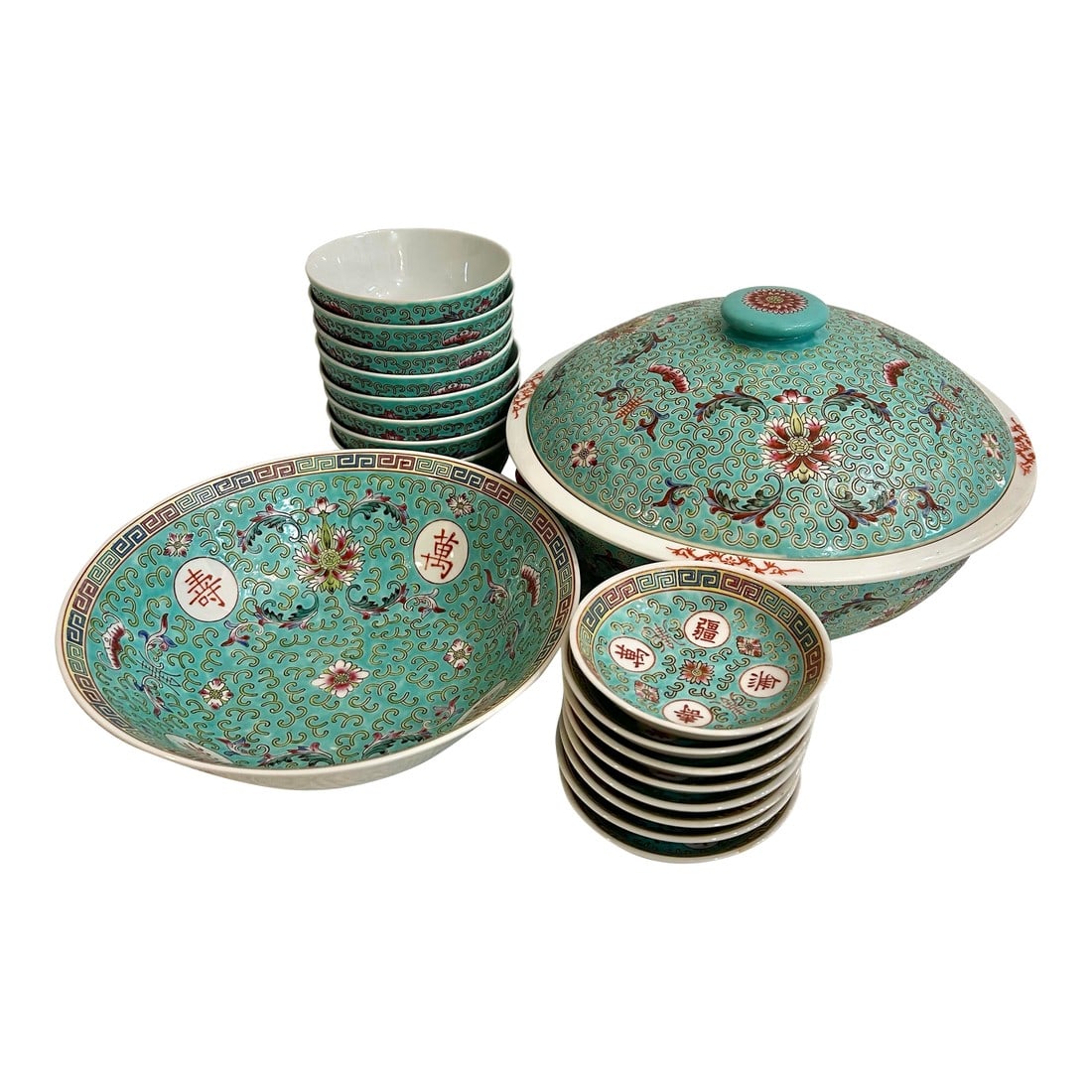 Mid to Late 20th Century Chinoiserie Famille Rose Mun Shou Porcelain Dinnerware Serving Set of 18 Pi: This collection of serving pieces comes straight from an estate near New Orleans. The turquoise background is decorated with florals and Greek key also features the Mun Shou longevity and good
