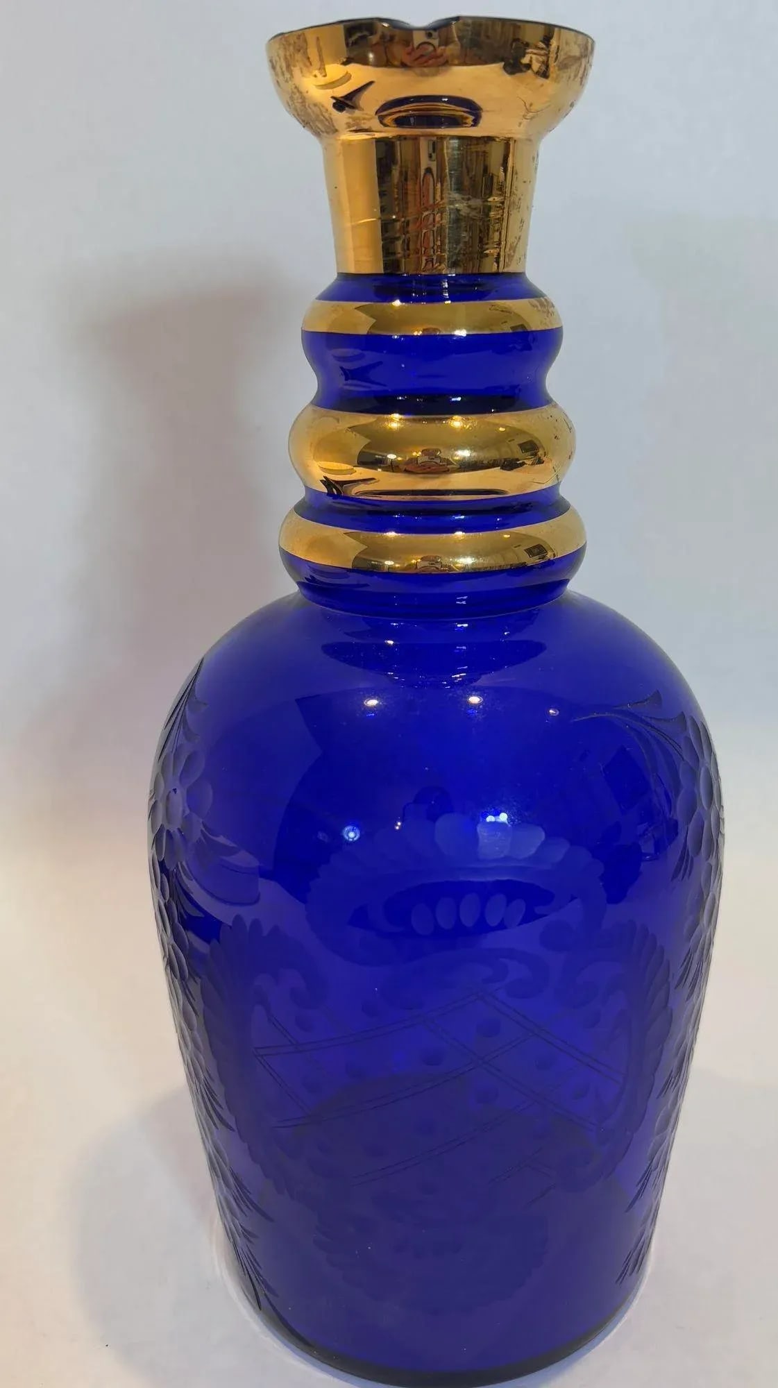 Large Bohemia Enameled Gilt Royal Blue Art Glass Decanter - 10