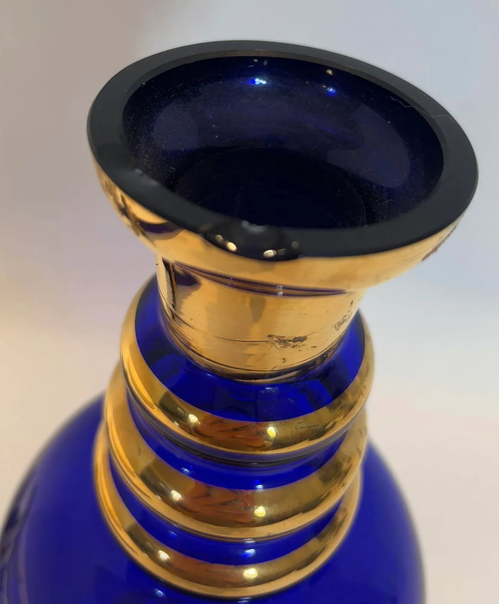 Large Bohemia Enameled Gilt Royal Blue Art Glass Decanter - 11