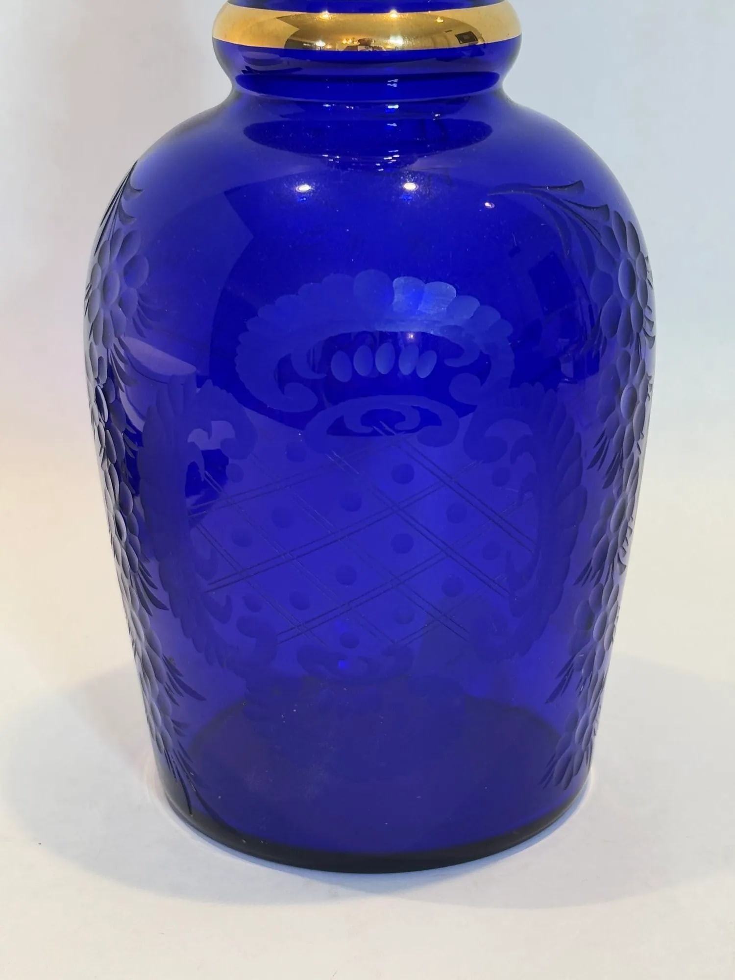 Large Bohemia Enameled Gilt Royal Blue Art Glass Decanter - 12