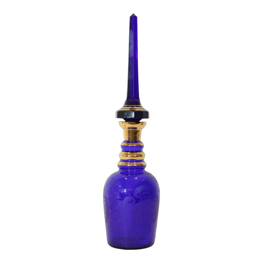 Large Bohemia Enameled Gilt Royal Blue Art Glass Decanter: Large antique Bohemian enameled gilt cobalt cut glass decanter with oversized stopper. Gorgeous Bohemia oversized Bohemian cut art glass decanter features an elegant Persian design, complete with a