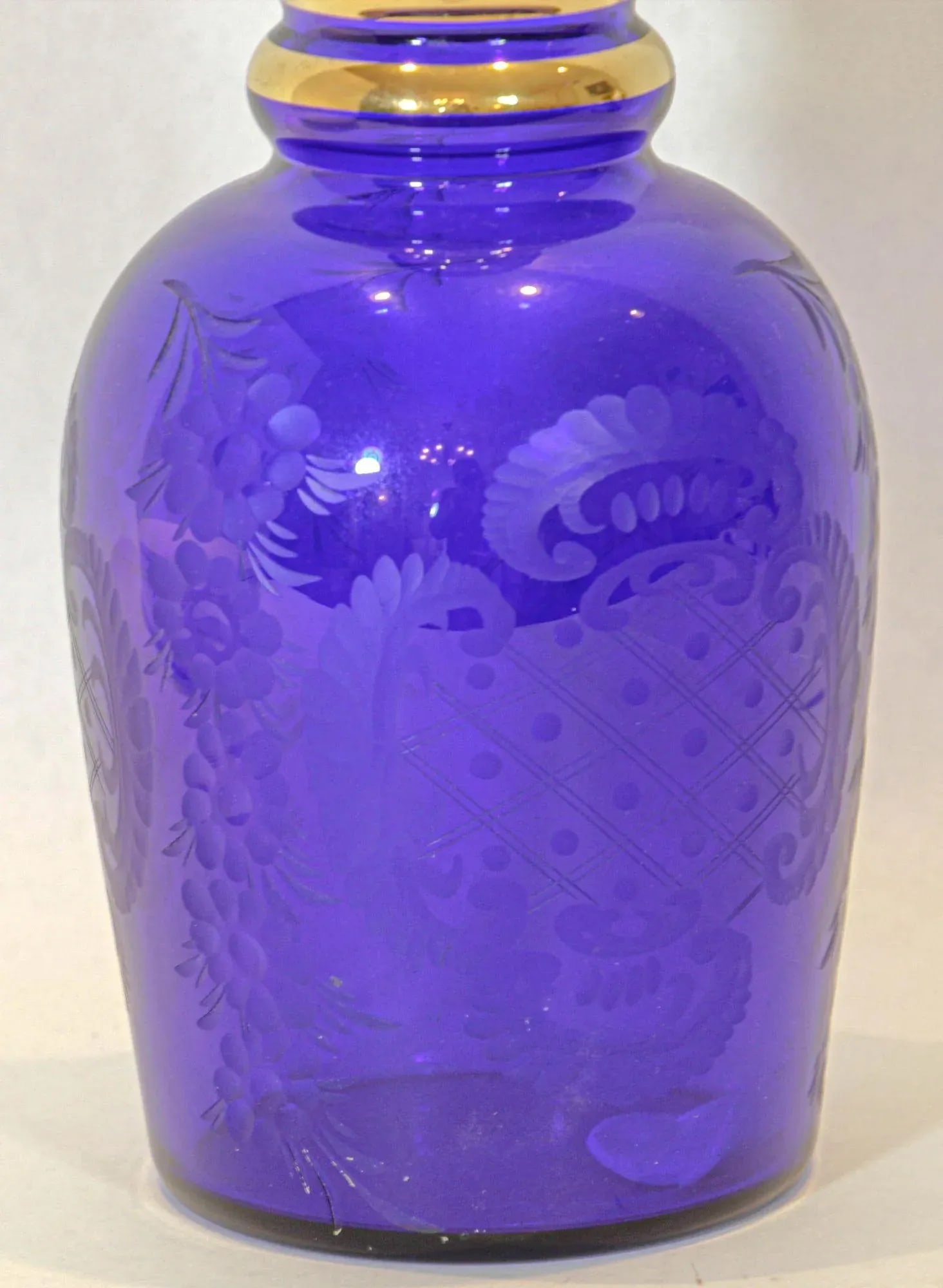 Large Bohemia Enameled Gilt Royal Blue Art Glass Decanter - 2
