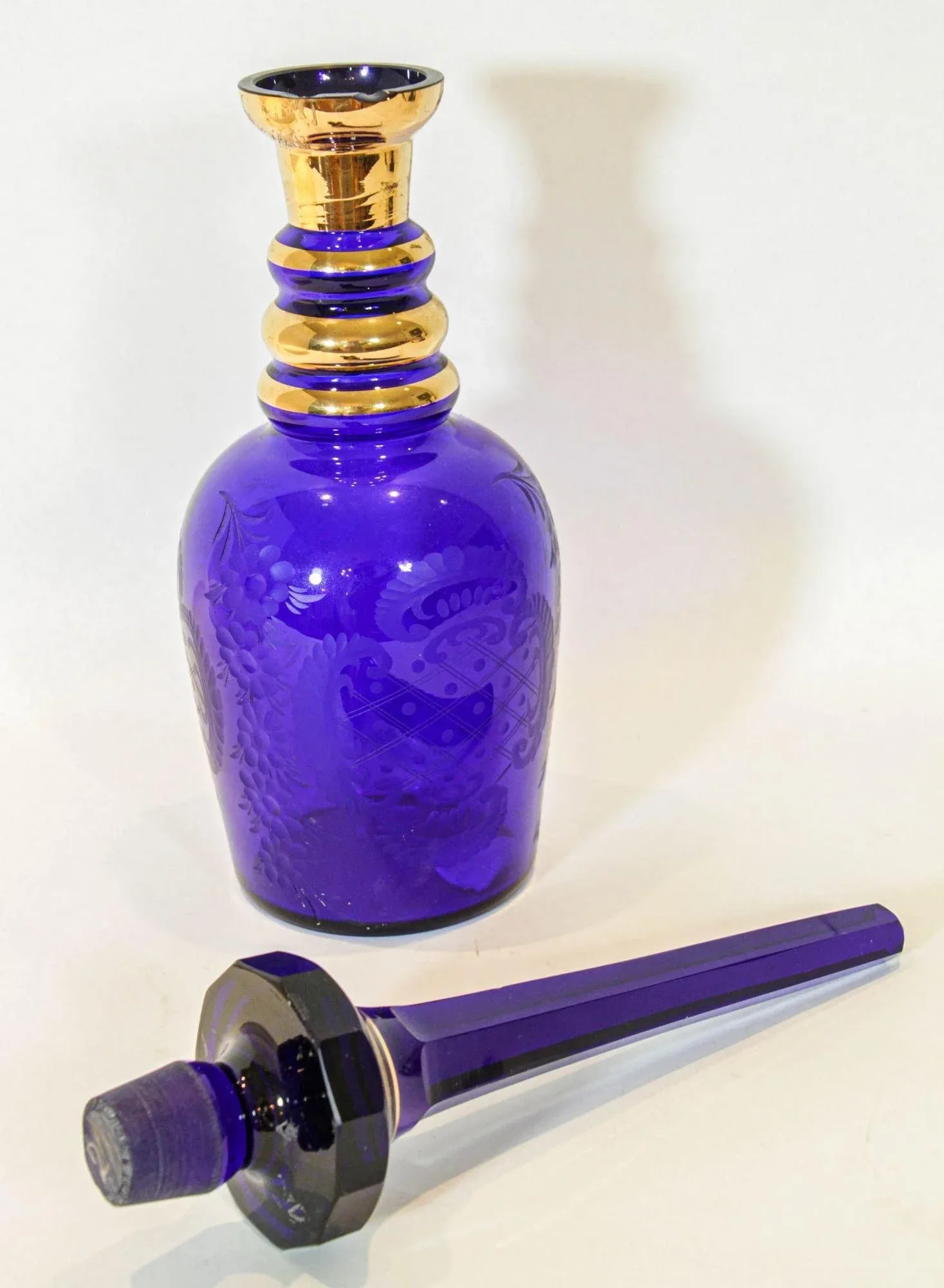 Large Bohemia Enameled Gilt Royal Blue Art Glass Decanter - 4