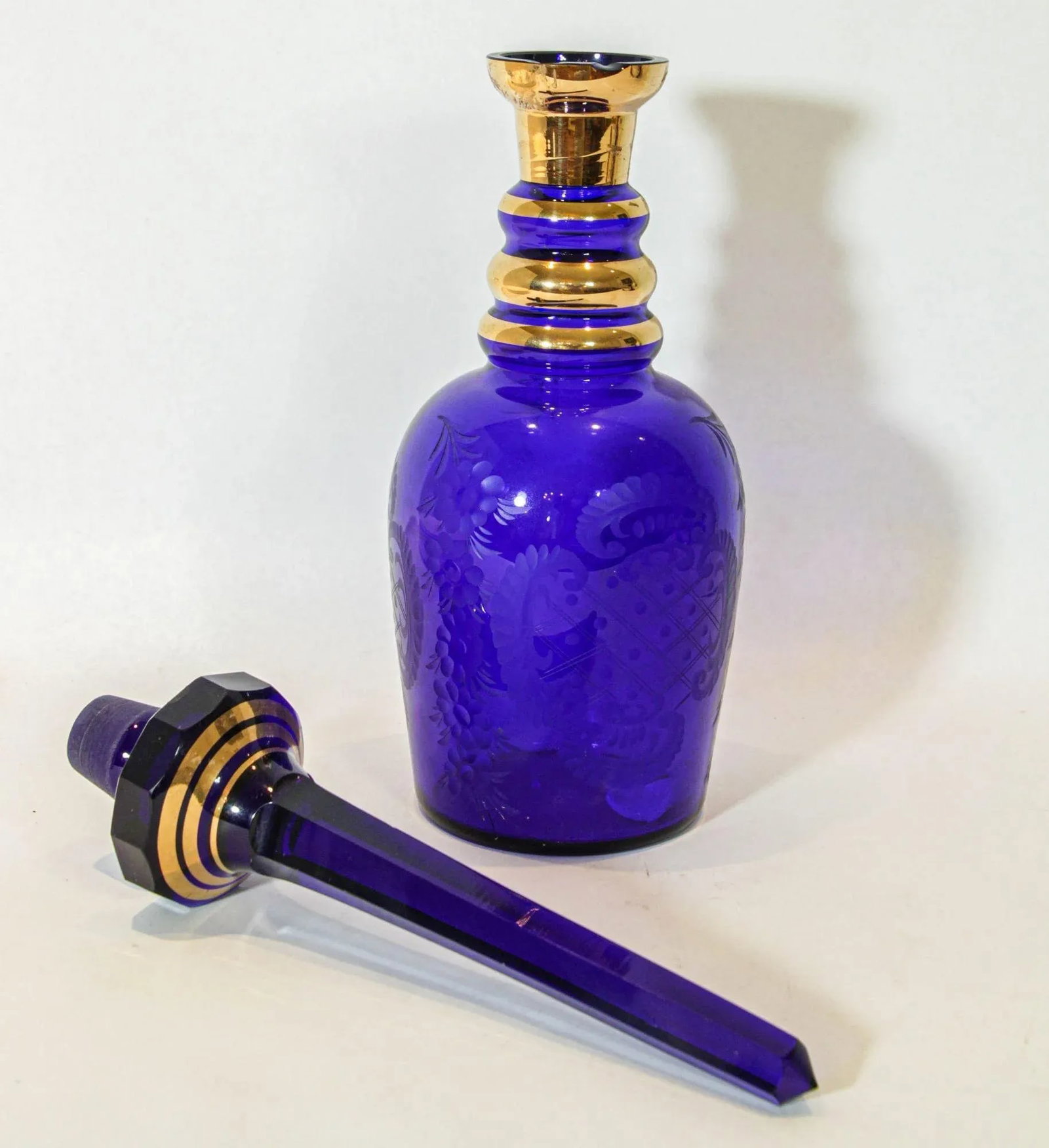 Large Bohemia Enameled Gilt Royal Blue Art Glass Decanter - 6
