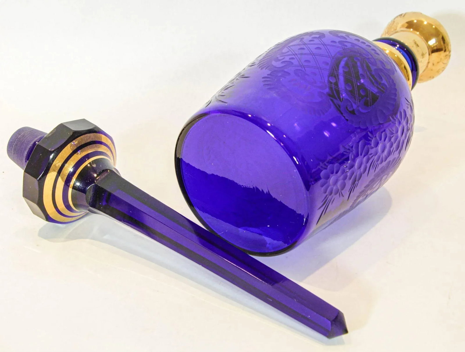 Large Bohemia Enameled Gilt Royal Blue Art Glass Decanter - 8