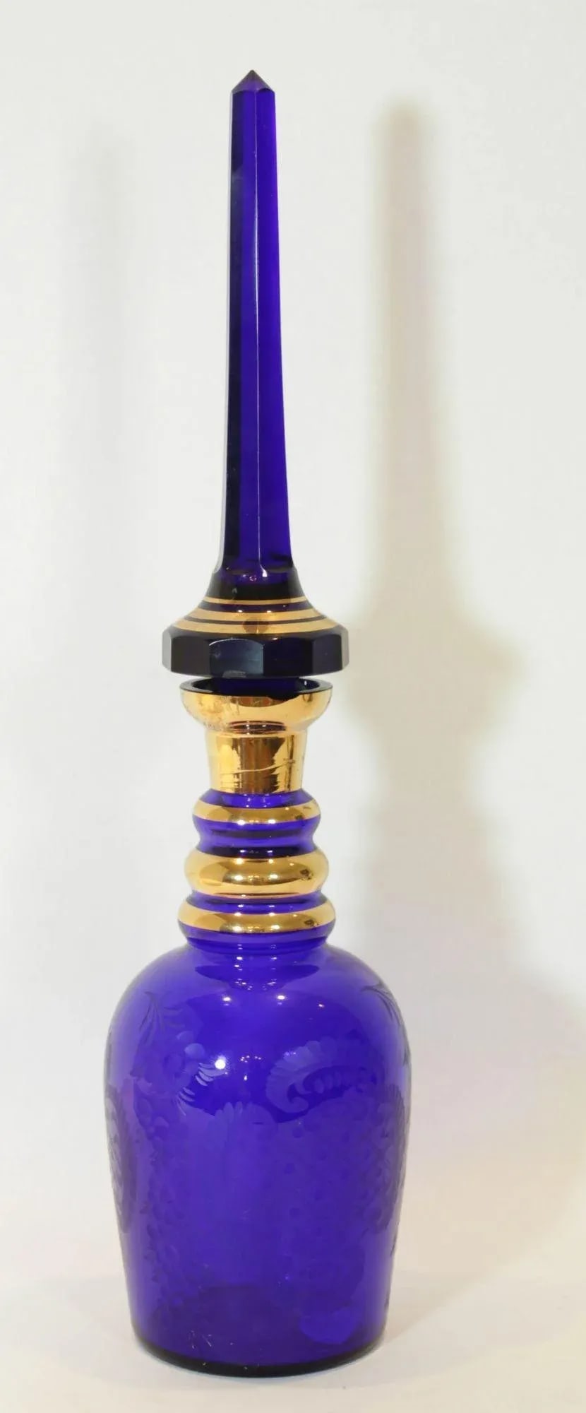 Large Bohemia Enameled Gilt Royal Blue Art Glass Decanter - 9